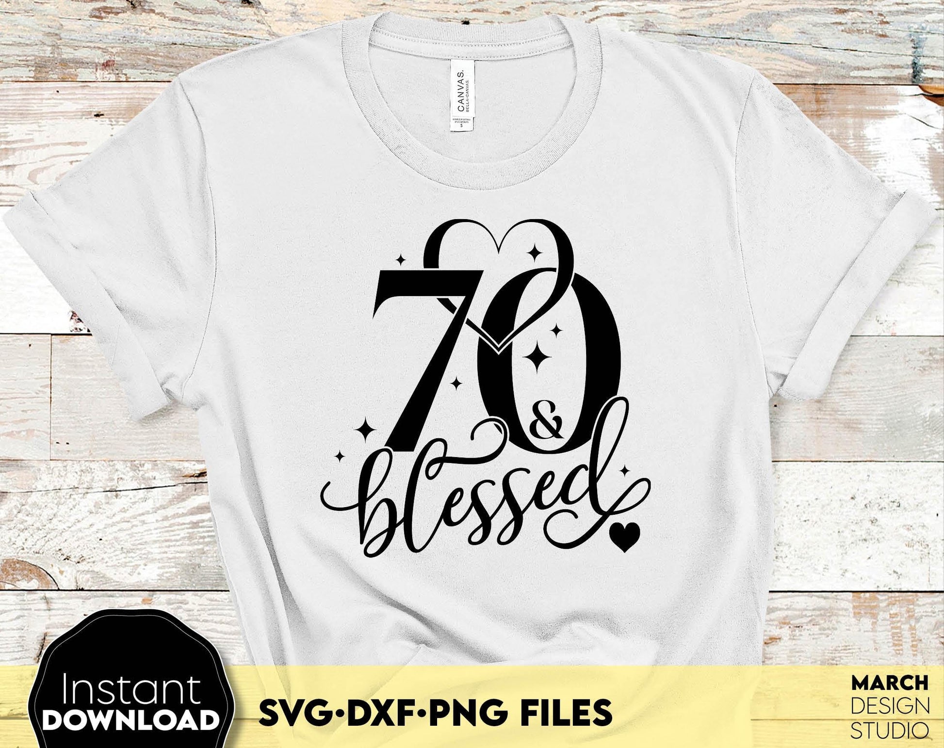 70 and blessed Birthday shirt design for cutting from vinyl and glittered PNG included for Your sublimation projects. SVG, PNG, EPS, DXF files included. Compatible with Cricut, Silhouette and other machines. Buy now for a good price and enjoy!