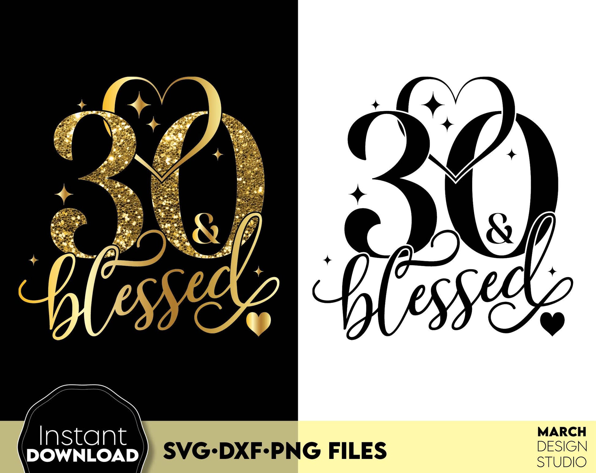 30 and blessed Birthday shirt design for cutting from vinyl and glittered PNG included for Your sublimation projects. SVG, PNG, EPS, DXF files included. Compatible with Cricut, Silhouette and other machines. Buy now for a good price and enjoy!