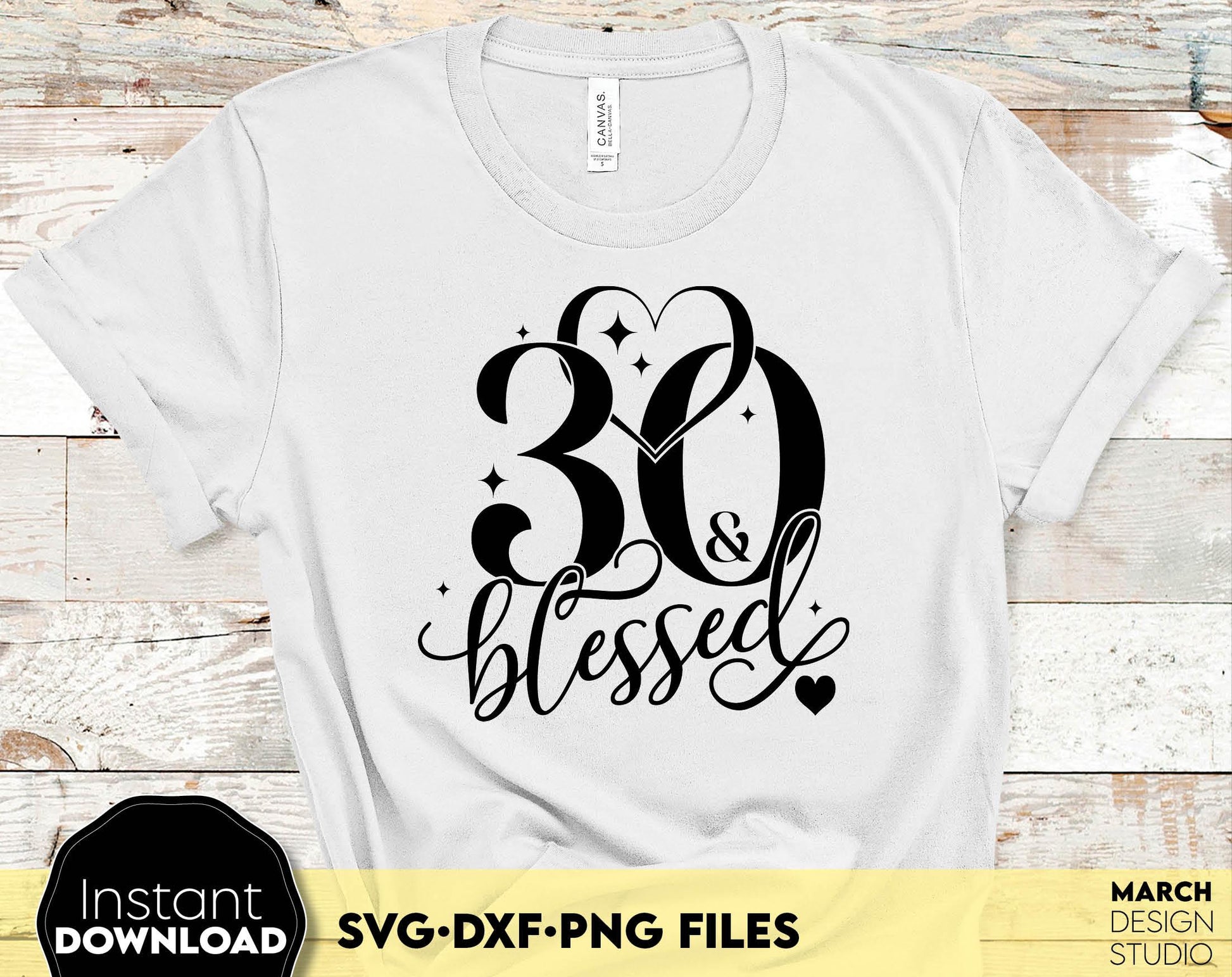 30 and blessed Birthday shirt design for cutting from vinyl and glittered PNG included for Your sublimation projects. SVG, PNG, EPS, DXF files included. Compatible with Cricut, Silhouette and other machines. Buy now for a good price and enjoy!