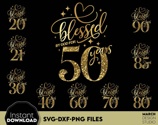 Blessed By God gold glittered and black Birthday shirts Bundle. SVG DXF PNG files included. Compatible with Cricut, Silhouette or other equipment. Cut from vinyl, use for sublimation or laser cut or grave projects. Buy now for a good price and enjoy!