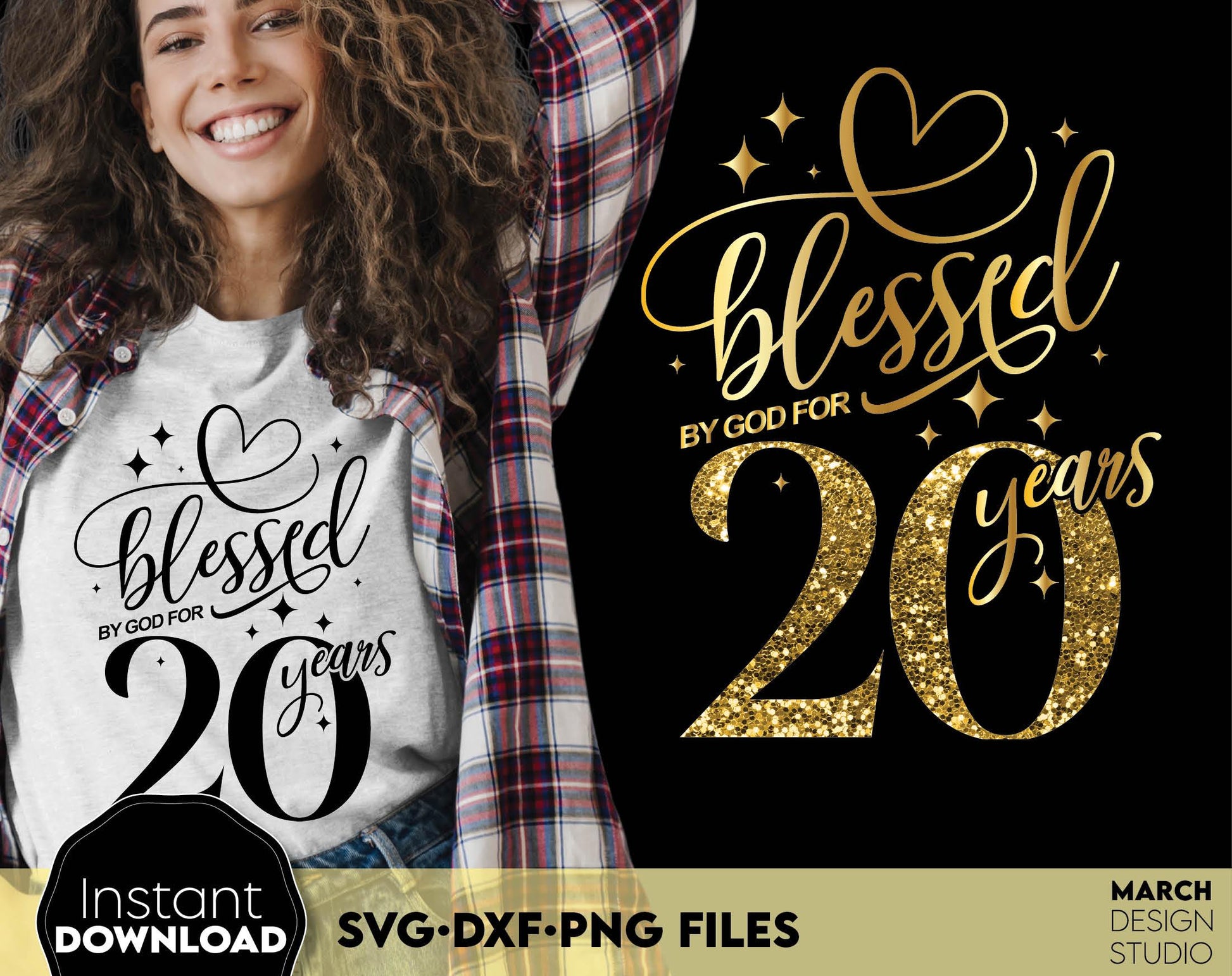 Blessed by God for 20 Years gold glittered and black Birthday shirt design. SVG DXF PNG files included. Compatible with Cricut, Silhouette or other equipment. Cut from vinyl, use for sublimation or laser cut or grave projects. Buy now and enjoy!