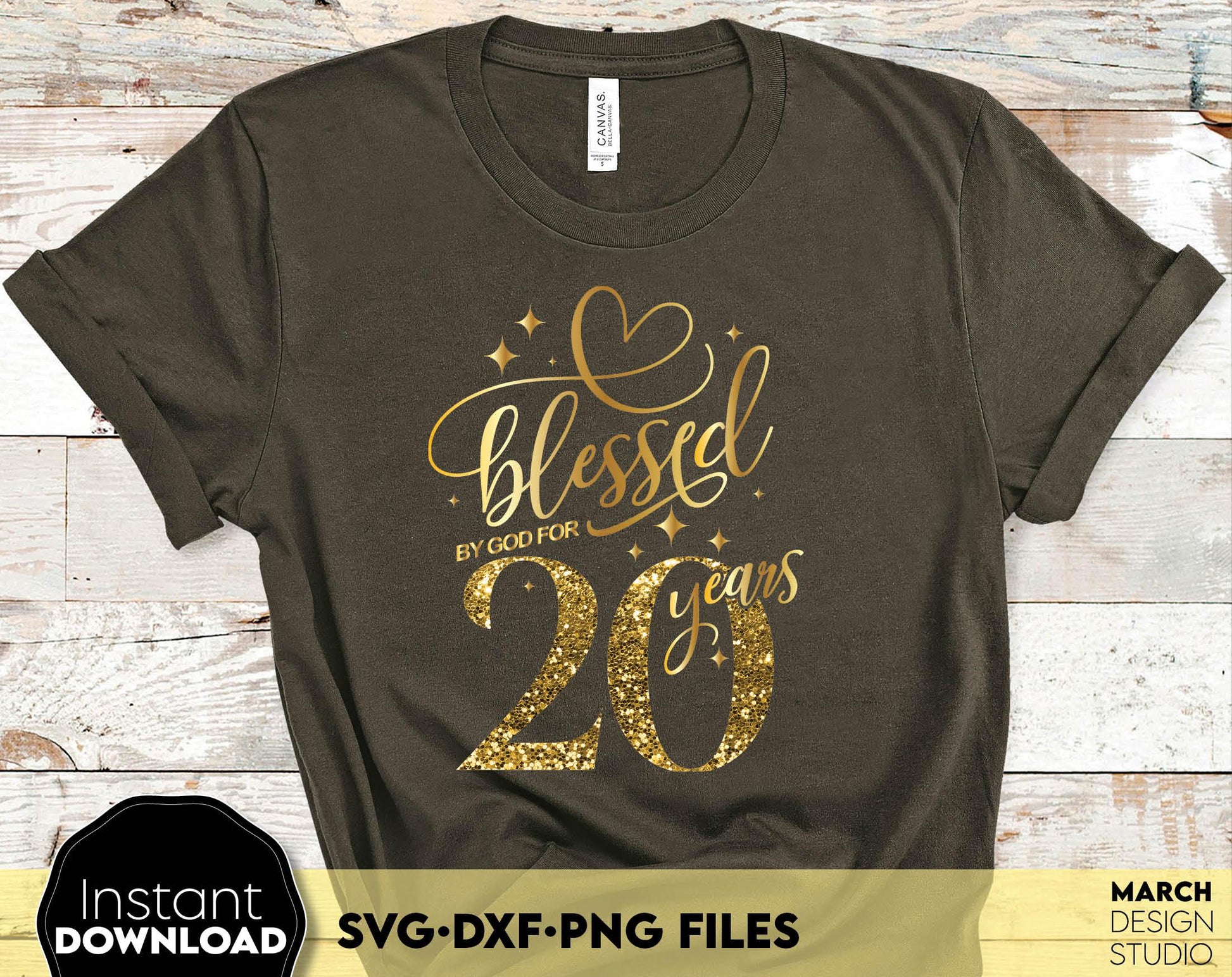 Blessed by God for 20 Years gold glittered and black Birthday shirt design. SVG DXF PNG files included. Compatible with Cricut, Silhouette or other equipment. Cut from vinyl, use for sublimation or laser cut or grave projects. Buy now and enjoy!