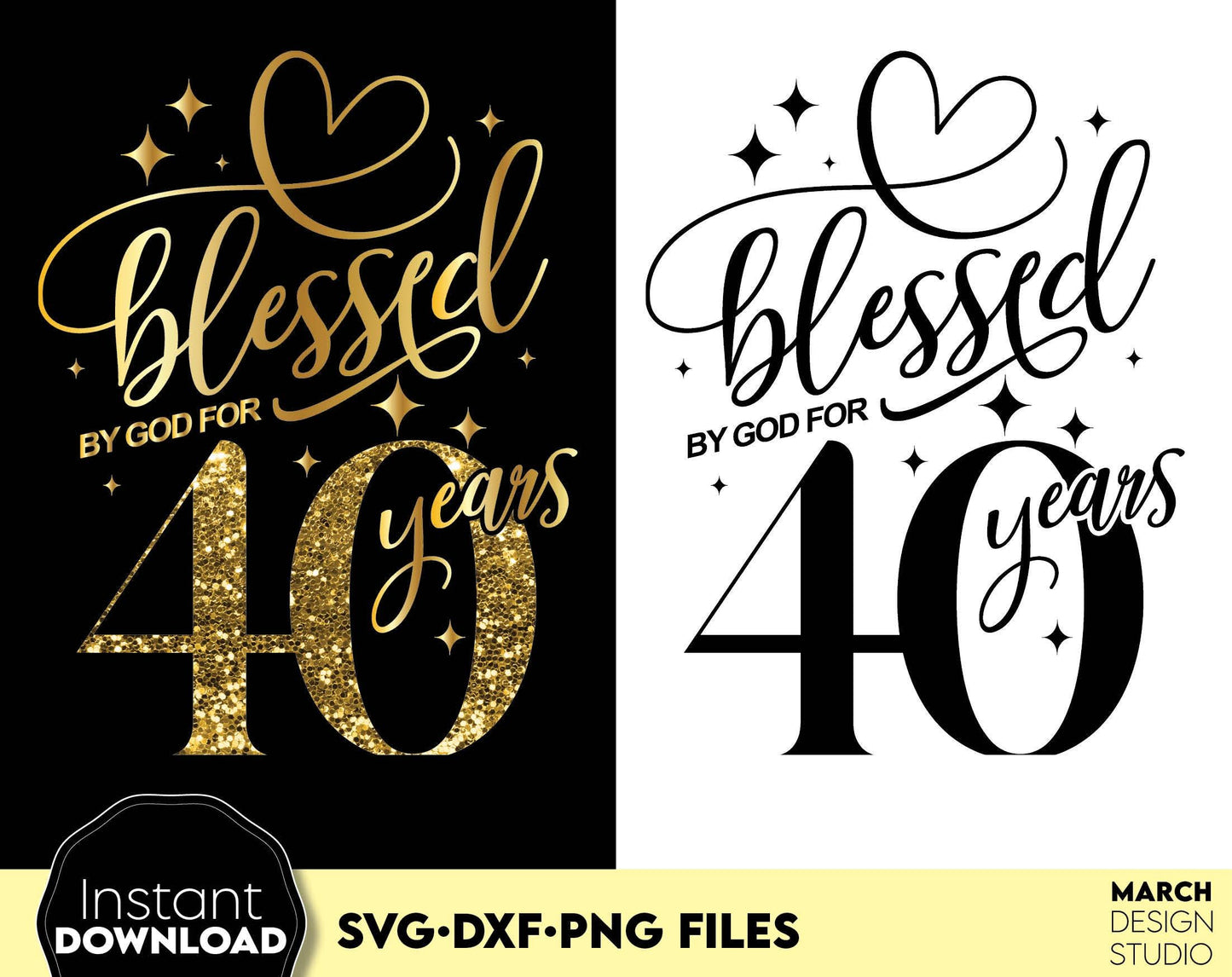 Blessed by God for 20 Years gold glittered and black Birthday shirt design. SVG DXF PNG files included. Compatible with Cricut, Silhouette or other equipment. Cut from vinyl, use for sublimation or laser cut or grave projects. Buy now and enjoy!