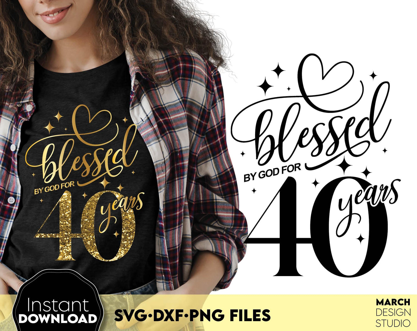 Blessed by God for 20 Years gold glittered and black Birthday shirt design. SVG DXF PNG files included. Compatible with Cricut, Silhouette or other equipment. Cut from vinyl, use for sublimation or laser cut or grave projects. Buy now and enjoy!