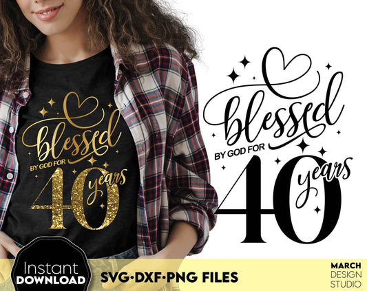 Blessed by God for 20 Years gold glittered and black Birthday shirt design. SVG DXF PNG files included. Compatible with Cricut, Silhouette or other equipment. Cut from vinyl, use for sublimation or laser cut or grave projects. Buy now and enjoy!