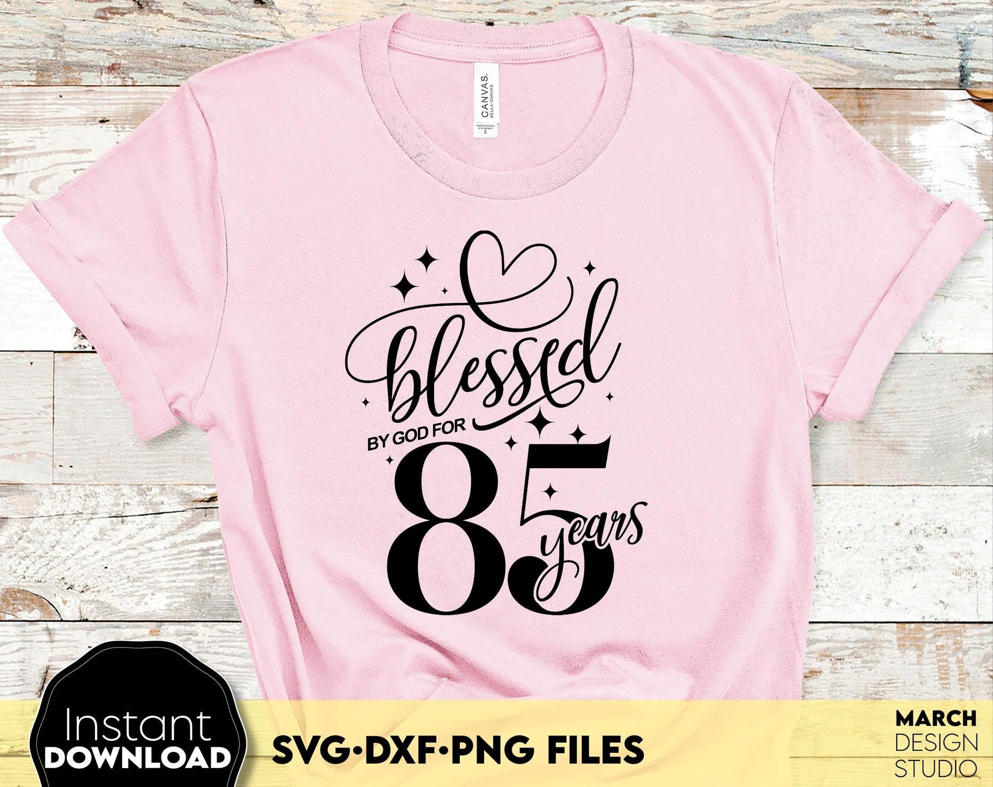 Blessed by God for 85 Years gold glittered and black Birthday shirt design. SVG DXF PNG files included. Compatible with Cricut, Silhouette or other equipment. Cut from vinyl, use for sublimation or laser cut or grave projects. Buy now and enjoy!