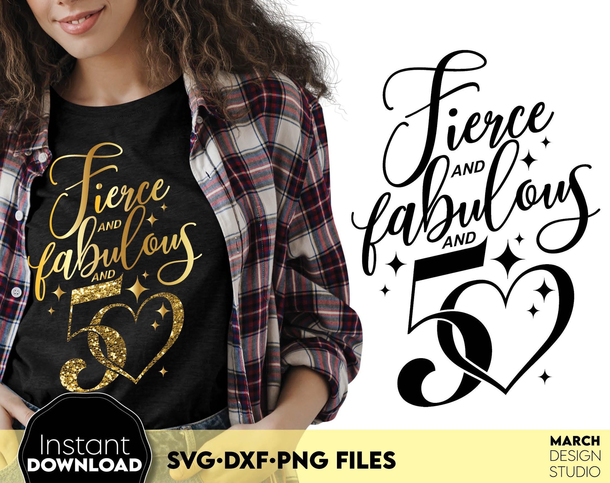 Fierce and fabulous and 50 Years gold glittered and black Birthday shirt design. SVG DXF PNG files included. Compatible with Cricut, Silhouette or other equipment. Cut from vinyl, use for sublimation or laser cut or grave projects. Buy now and enjoy!