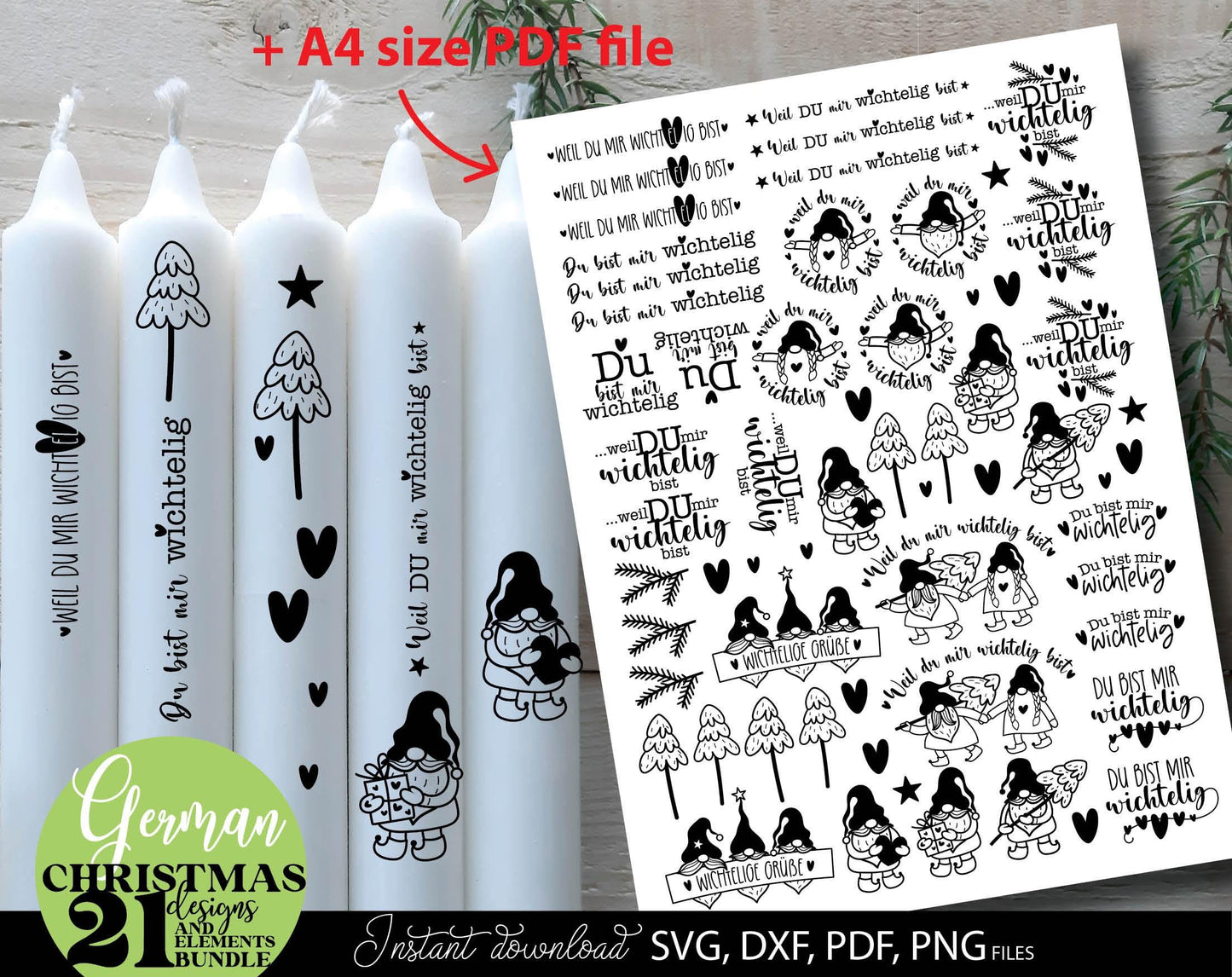 Plotterdatei Wichtel Weihnachten Herzensmensh Stickers Bundle. SVG DXF PDF PNG files included. Compatible with Cricut, Silhouette. Cut from vinyl, use for sublimation, laser cut or print stickers for candles. Buy now for a good price and enjoy!