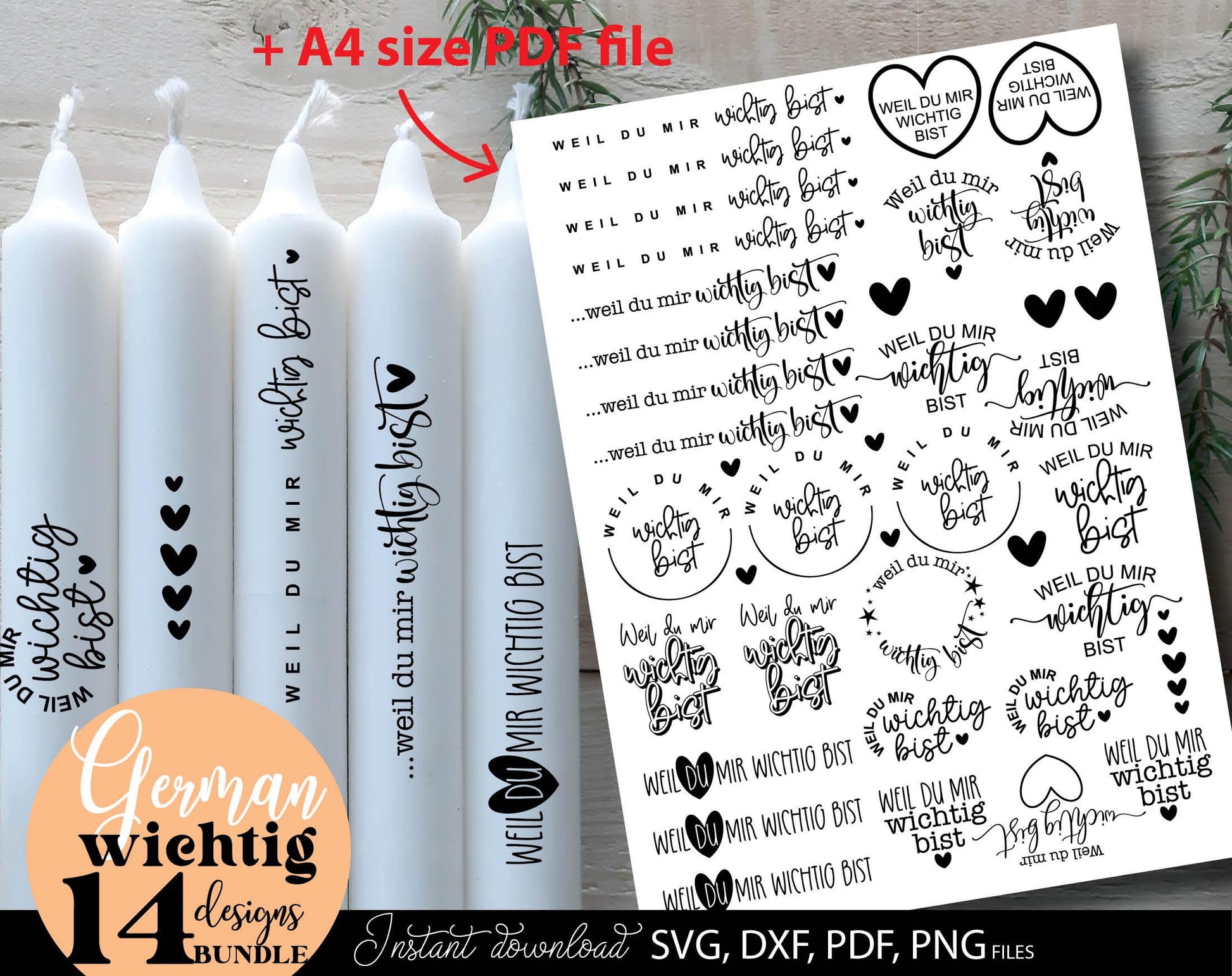 Weil Du Mir Wichtig Bist German quotes for Your gift projects. SVG DXF PDF PNG files included. Compatible with Cricut, Silhouette, printers etc. Use for kerzen stickers, sublimation, vinyl catting or laser cut projects. Buy now for a good price!