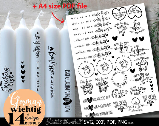 Weil Du Mir Wichtig Bist German quotes for Your gift projects. SVG DXF PDF PNG files included. Compatible with Cricut, Silhouette, printers etc. Use for kerzen stickers, sublimation, vinyl catting or laser cut projects. Buy now for a good price!