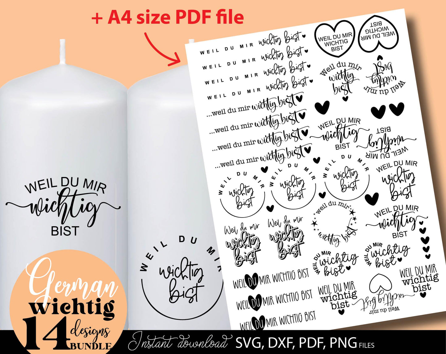 Weil Du Mir Wichtig Bist German quotes for Your gift projects. SVG DXF PDF PNG files included. Compatible with Cricut, Silhouette, printers etc. Use for kerzen stickers, sublimation, vinyl catting or laser cut projects. Buy now for a good price!