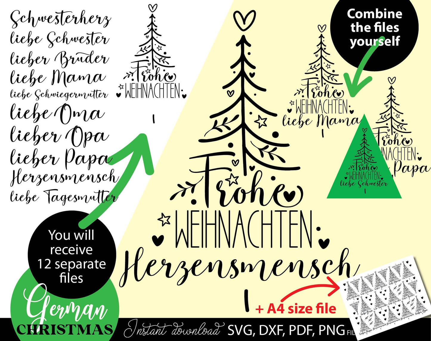 Familie Weihnachen Herzensmensk kerzen tattoo sitckers. SVG DXF PDF PNG files included. Compatible with Cricut, Silhouette, printers. Cut from vinyl, use for sublimation, laser, or made stickers for candles. Buy now for a good price and enjoy!