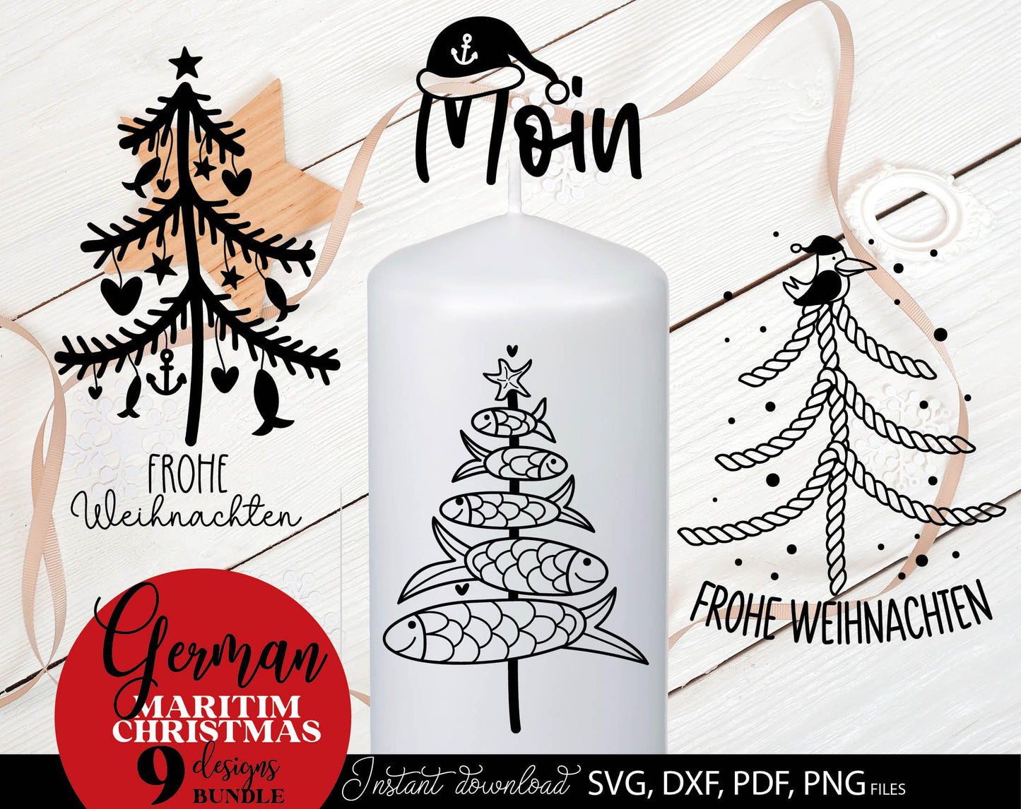 German Maritim Christmas 13 designs bundle. SVG DXF PDF PNG files included. Compatible with Cricut, Silhouette or other equipment. Cut from vinyl, use for sublimation or laser cut or grave projects. Buy now for a good price and enjoy!