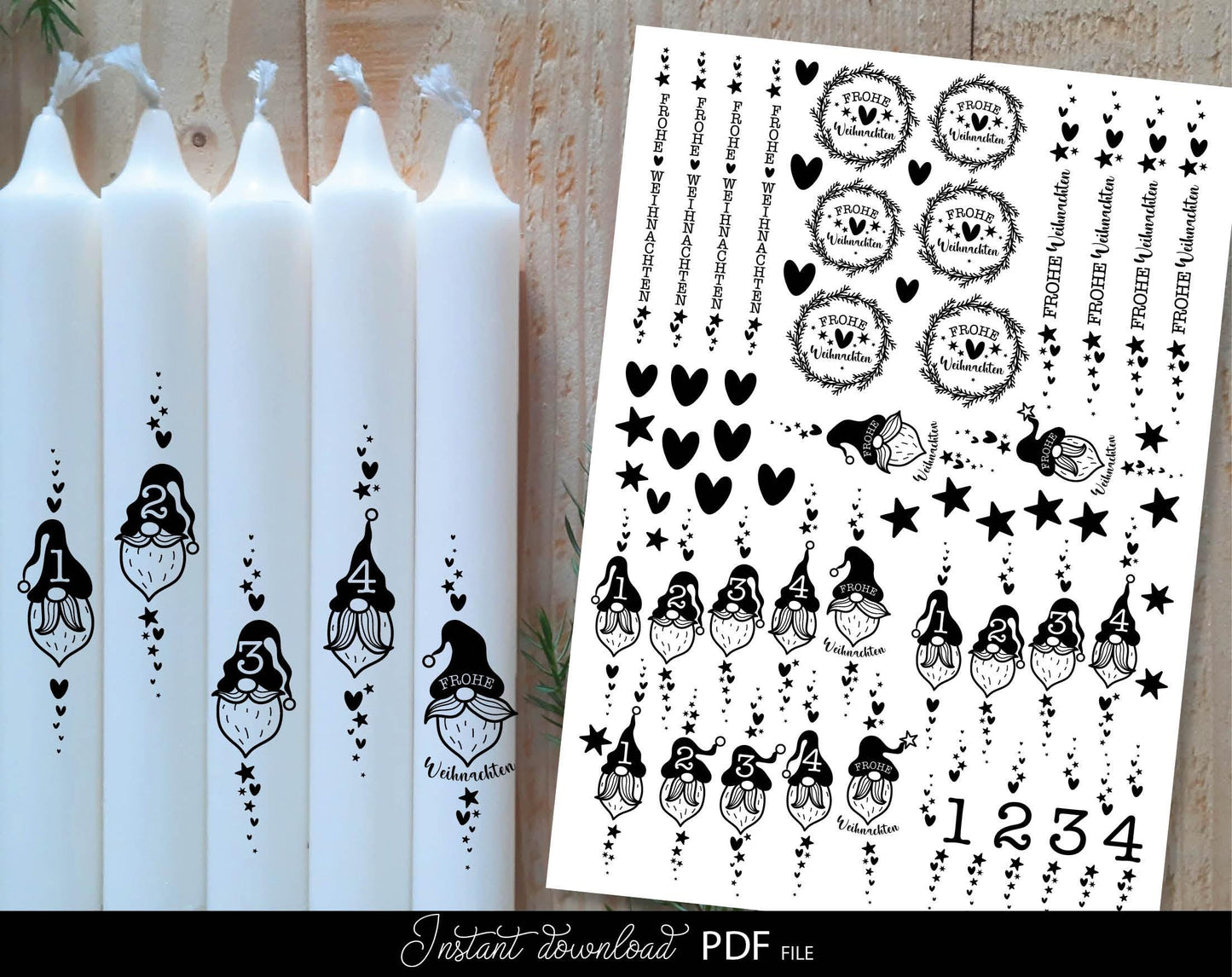 Plotterdatei Wichtel and Adventkalender Bundle for Weihnachten Kerzen tattoo stickers. PDF files included. Compatible with printers etc. Use for Christmas Advent kalender kerzen stickers making projects.