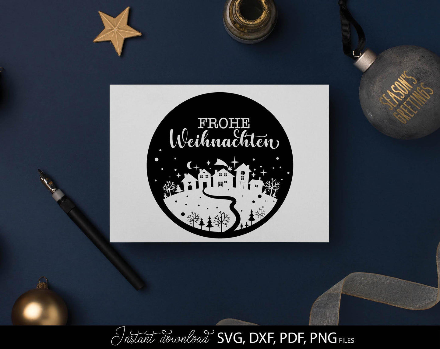 Weihnachten Häuser svg Plotterdatei for Your Frohe Weihnachten deko. SVG DXF PDF PNG files included. Compatible with Cricut, Silhouette, printers etc. Cut from vinyl, use for sublimation, laser cut or kerzen stickers making projects.