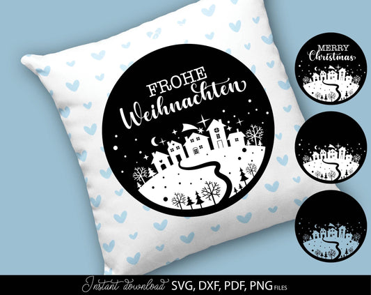 Weihnachten Häuser svg Plotterdatei for Your Frohe Weihnachten deko. SVG DXF PDF PNG files included. Compatible with Cricut, Silhouette, printers etc. Cut from vinyl, use for sublimation, laser cut or kerzen stickers making projects.