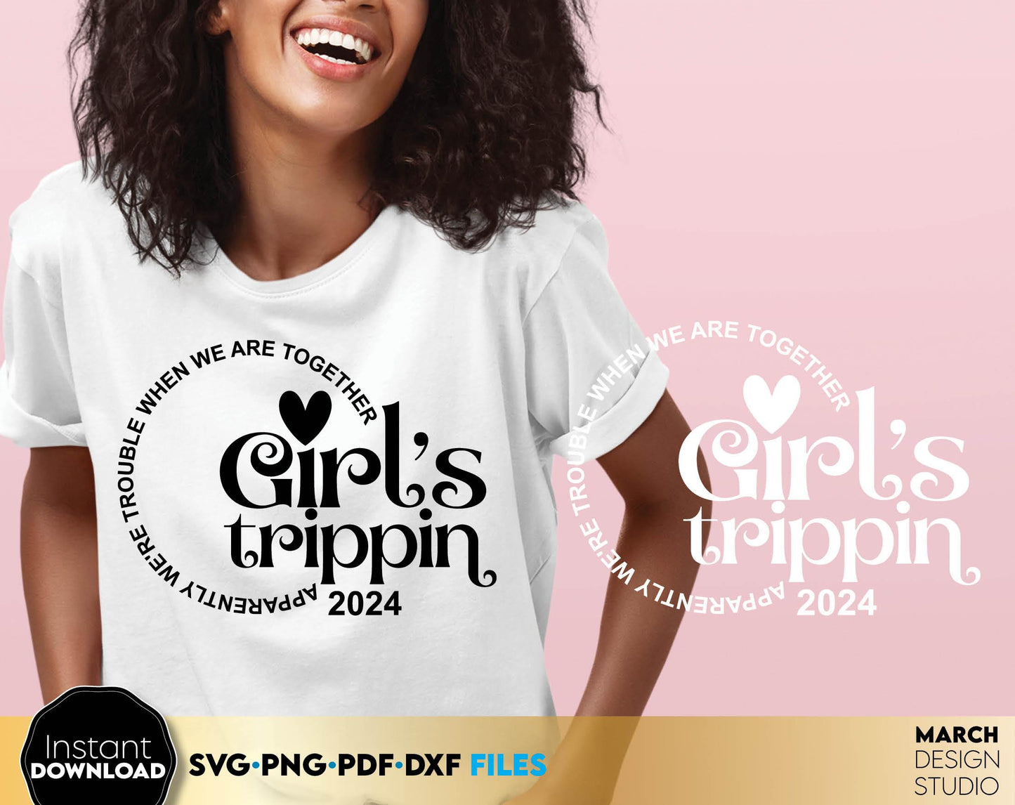 Apparently we are trouble when we are together - Girls Weekend 2024 matching trip shirts design. SVG DXF PNG PDF files included. Compatible with Cricut, Silhouette or other equipment. Cut from vinyl, use for sublimation or laser cut and grave project