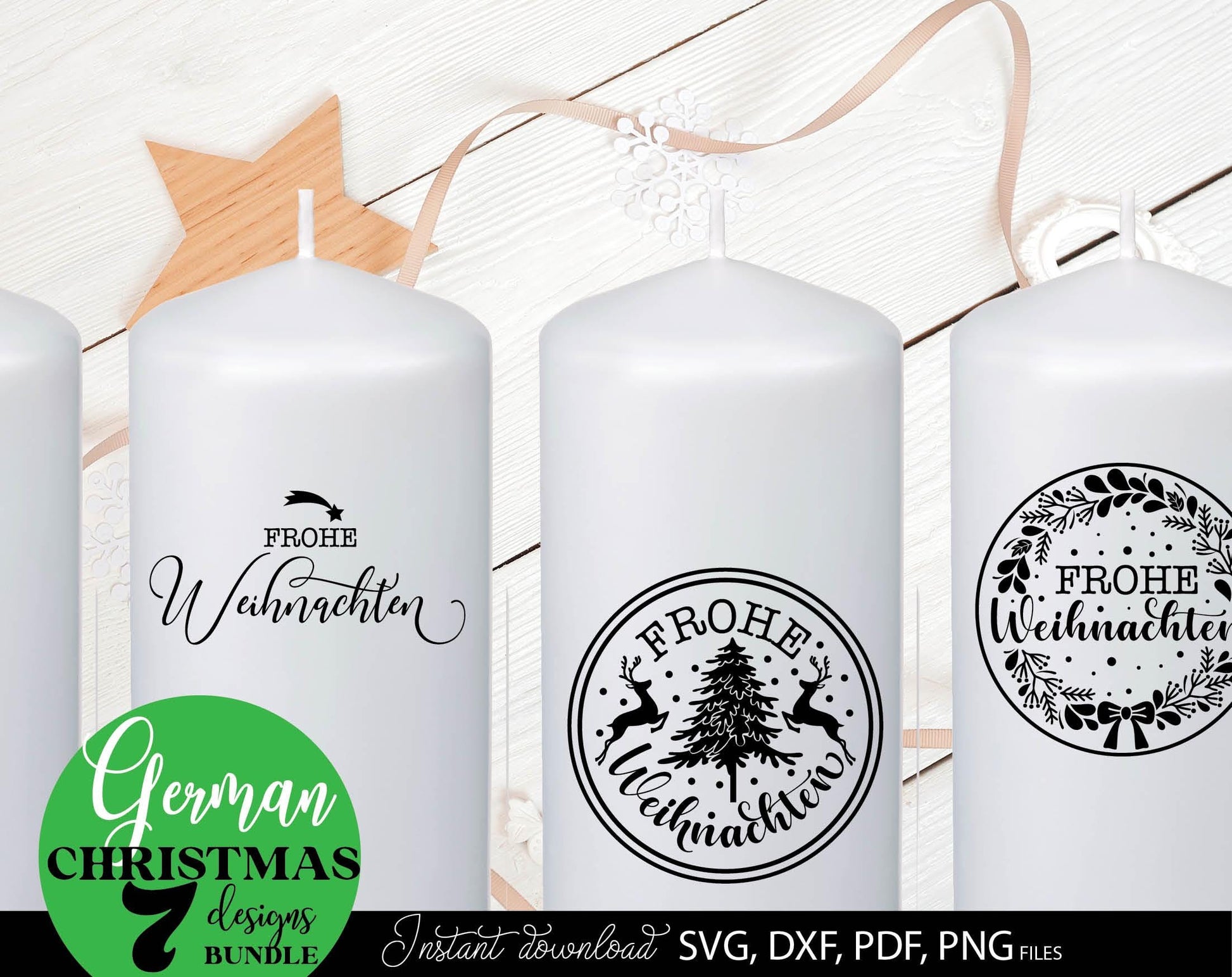 Frohe Weinachten ornaments bundle for Your Christmas decoration. SVG DXF PDF PNG files included. Cut form vinyl, use for sublimation, laser cut or Christmas candles stickers. Buy now for a good price and enjoy. Compatible with Cricut, Silhouette.
