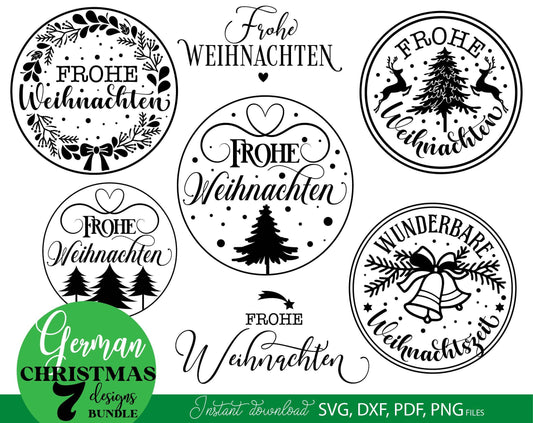 Frohe Weinachten ornaments bundle for Your Christmas decoration. SVG DXF PDF PNG files included. Cut form vinyl, use for sublimation, laser cut or Christmas candles stickers. Buy now for a good price and enjoy. Compatible with Cricut, Silhouette.