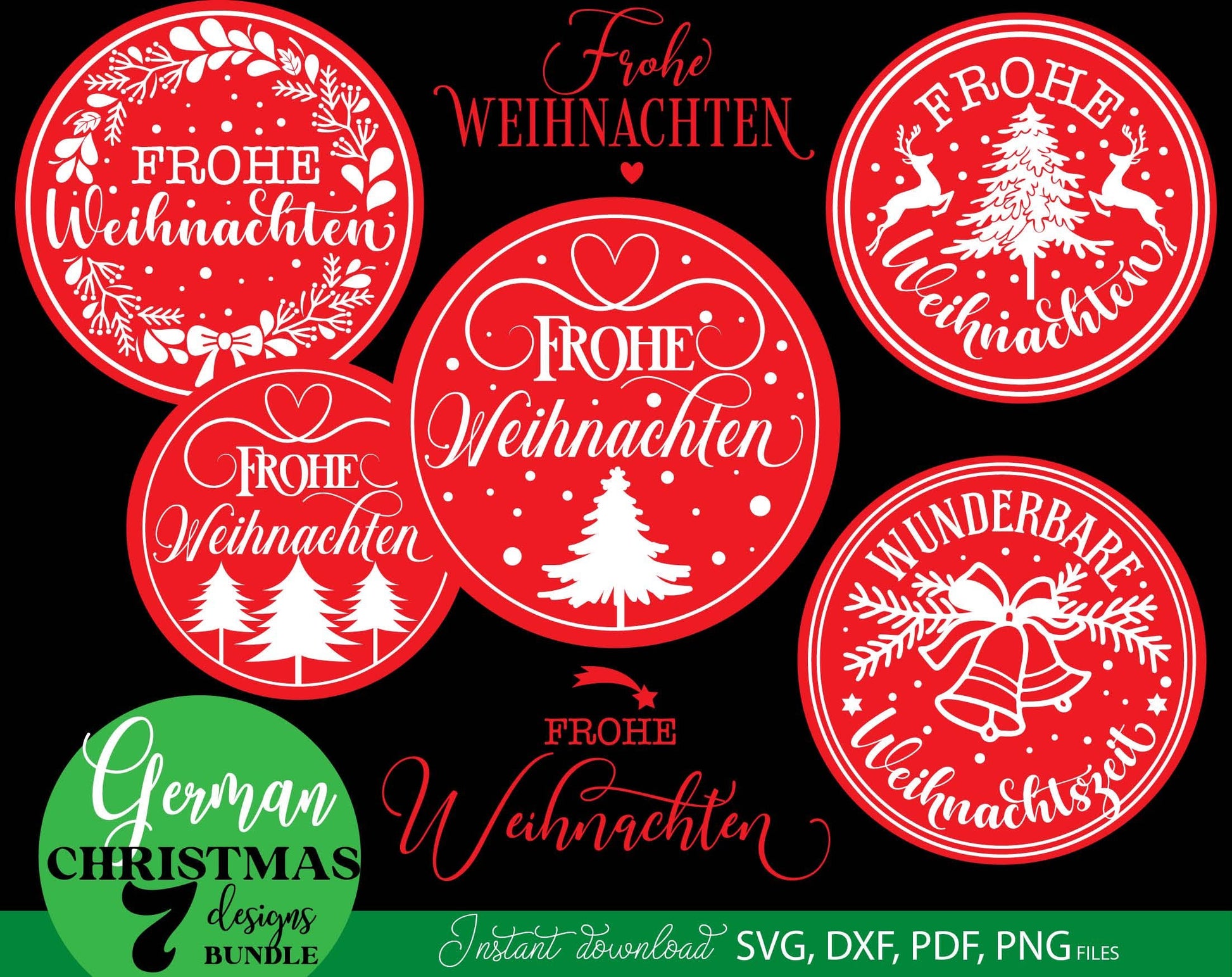 Frohe Weinachten ornaments bundle for Your Christmas decoration. SVG DXF PDF PNG files included. Cut form vinyl, use for sublimation, laser cut or Christmas candles stickers. Buy now for a good price and enjoy. Compatible with Cricut, Silhouette.