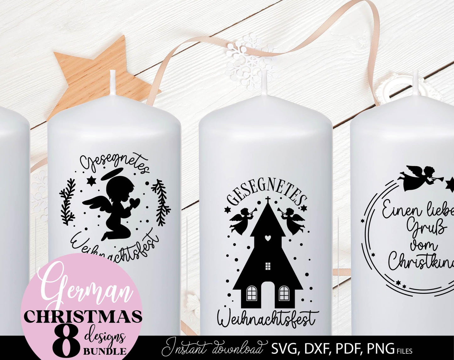 Schriftzüge Weihnachten deutsch Plotterdatei bundle. SVG DXF PDF PNG files included. Compatible with Cricut, Silhouette other equipment. Cut from vinyl, use for sublimation or laser cut and candles stickers as well. Buy now fora good price and enjoy!