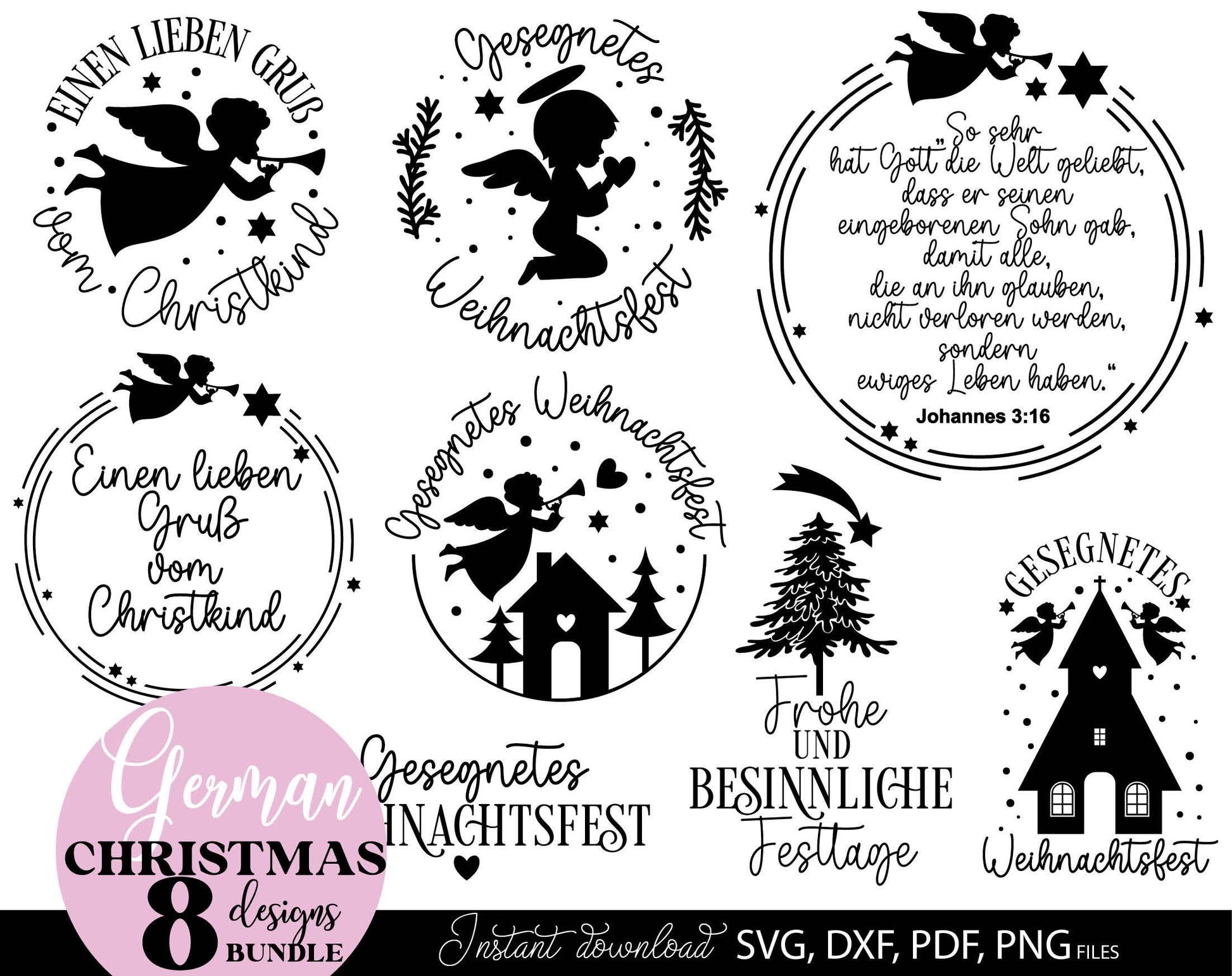 Schriftzüge Weihnachten deutsch Plotterdatei bundle. SVG DXF PDF PNG files included. Compatible with Cricut, Silhouette other equipment. Cut from vinyl, use for sublimation or laser cut and candles stickers as well. Buy now fora good price and enjoy!