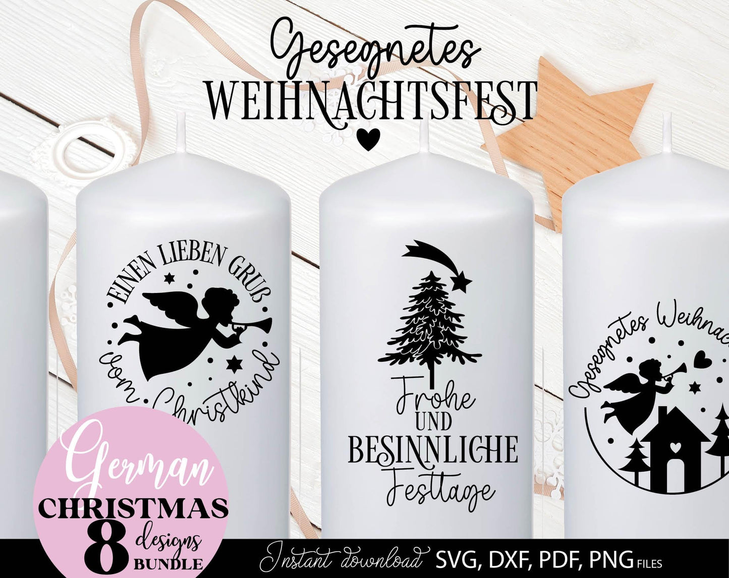 Schriftzüge Weihnachten deutsch Plotterdatei bundle. SVG DXF PDF PNG files included. Compatible with Cricut, Silhouette other equipment. Cut from vinyl, use for sublimation or laser cut and candles stickers as well. Buy now fora good price and enjoy!