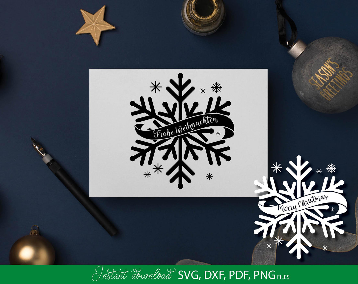 German Frohe Weihnachten Schneeflocke Plotterdatei. Svg Png Dxf Pdf files included. Compatible with Cricut, Silhouette or other equipment. Cut from vinyl, use for sublimation. laser cut or candle stickers projects. Buy now for a good price and enjoy!