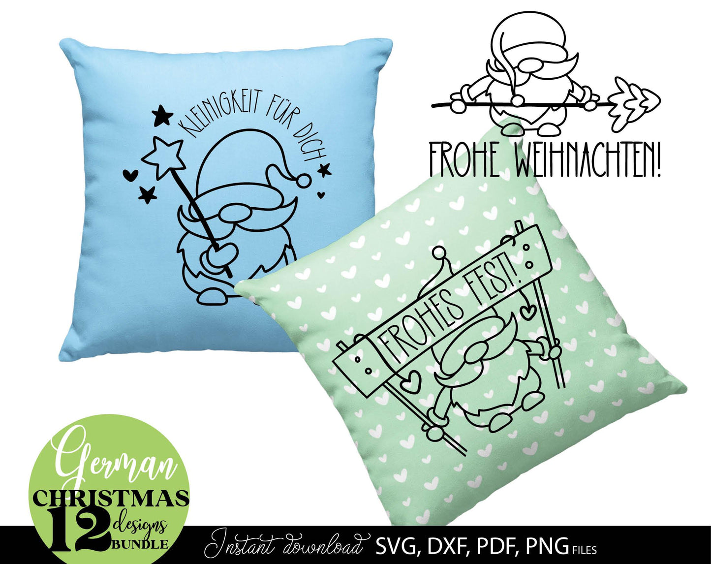 German Christmas gnome bundle 12 designs. SVG DXF PDF PNG files included. Compatible with Cricut, Silhouette or other equipment. Cut from vinyl, use for sublimation or laser cut  or grave projects. Buy now for a good price and enjoy!