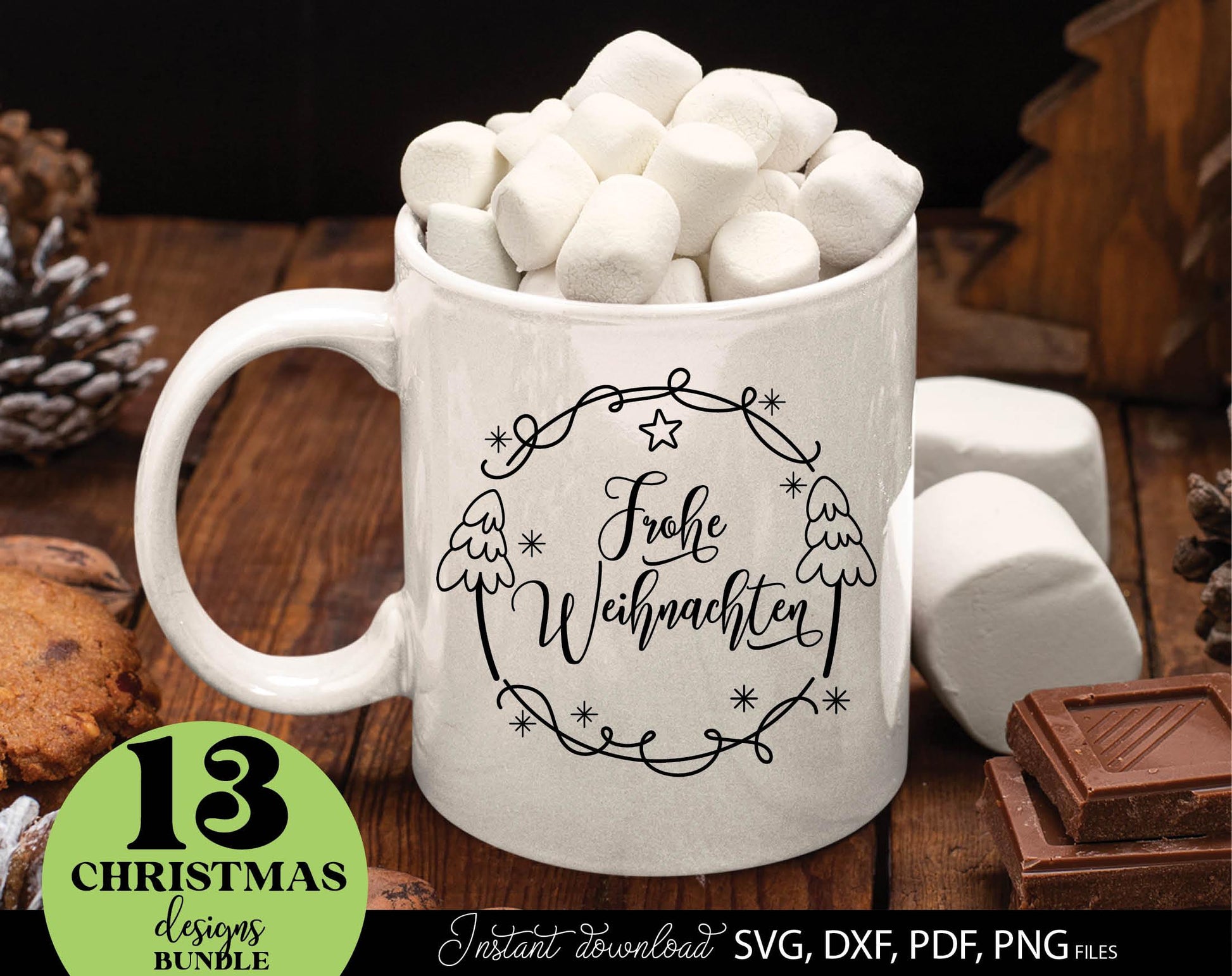 Frohe Weinachten ornaments bundle for Your Christmas decoration. SVG DXF PDF PNG files included. Cut form vinyl, use for sublimation, laser cut or Christmas candles stickers. Buy now for a good price and enjoy. Compatible with Cricut, Silhouette.