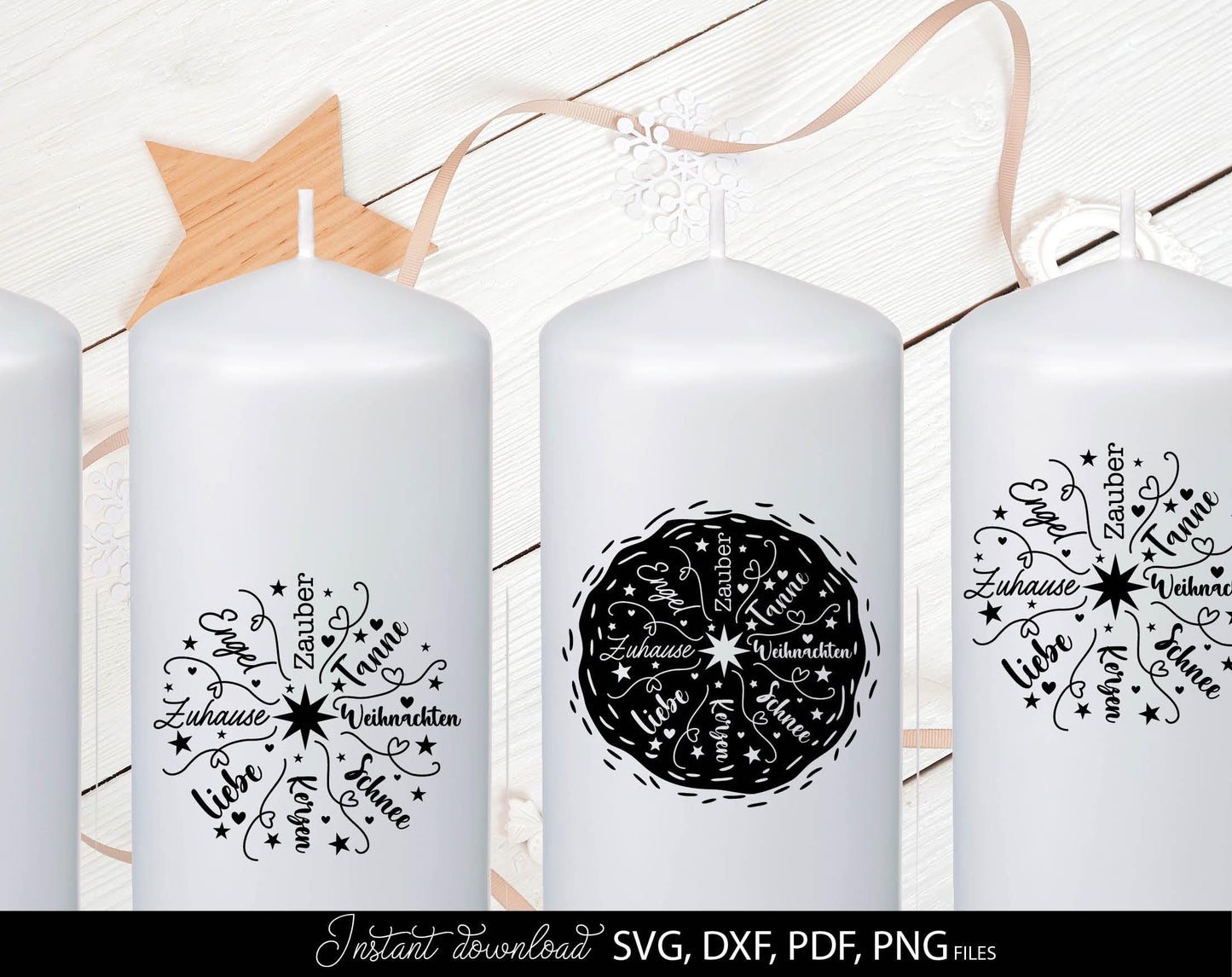 Schneeflocke Plotterdatei Bundle for Your Weihnachtsdeko projects. SVG DXF PDF PNG files included. Compatible with Cricut, Silhouette. Cut form vinyl, use for sublimation, printing as candles tattoo or laser cut projects. Buy now for a good price!