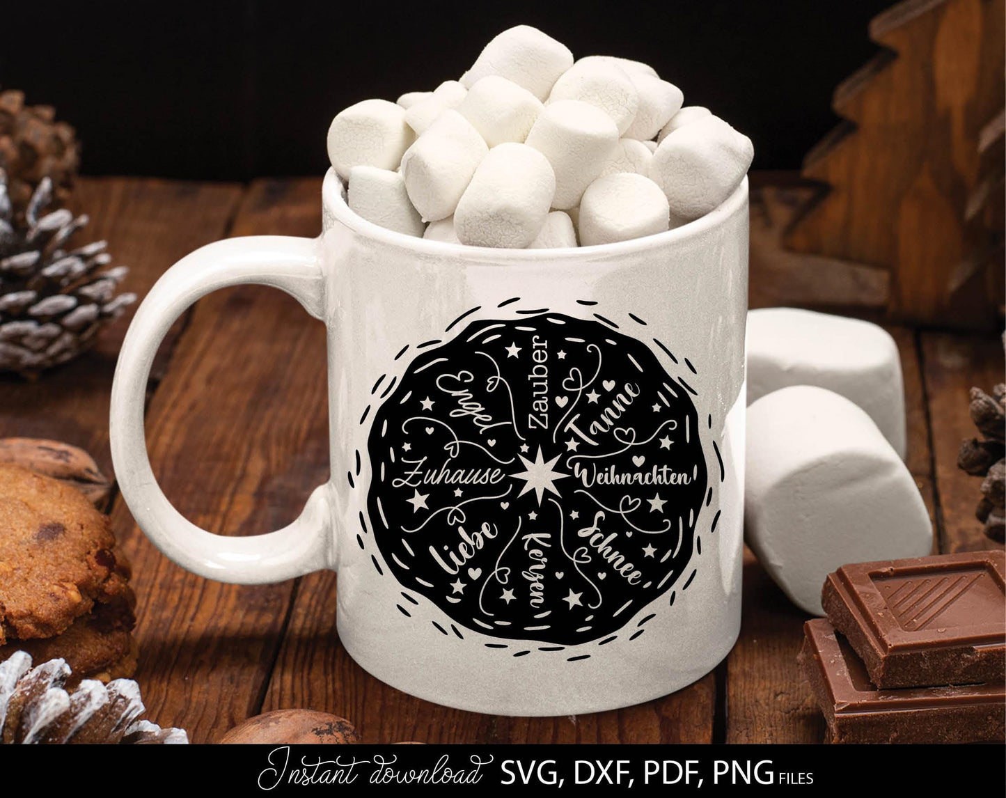 Schneeflocke Plotterdatei Bundle for Your Weihnachtsdeko projects. SVG DXF PDF PNG files included. Compatible with Cricut, Silhouette. Cut form vinyl, use for sublimation, printing as candles tattoo or laser cut projects. Buy now for a good price!