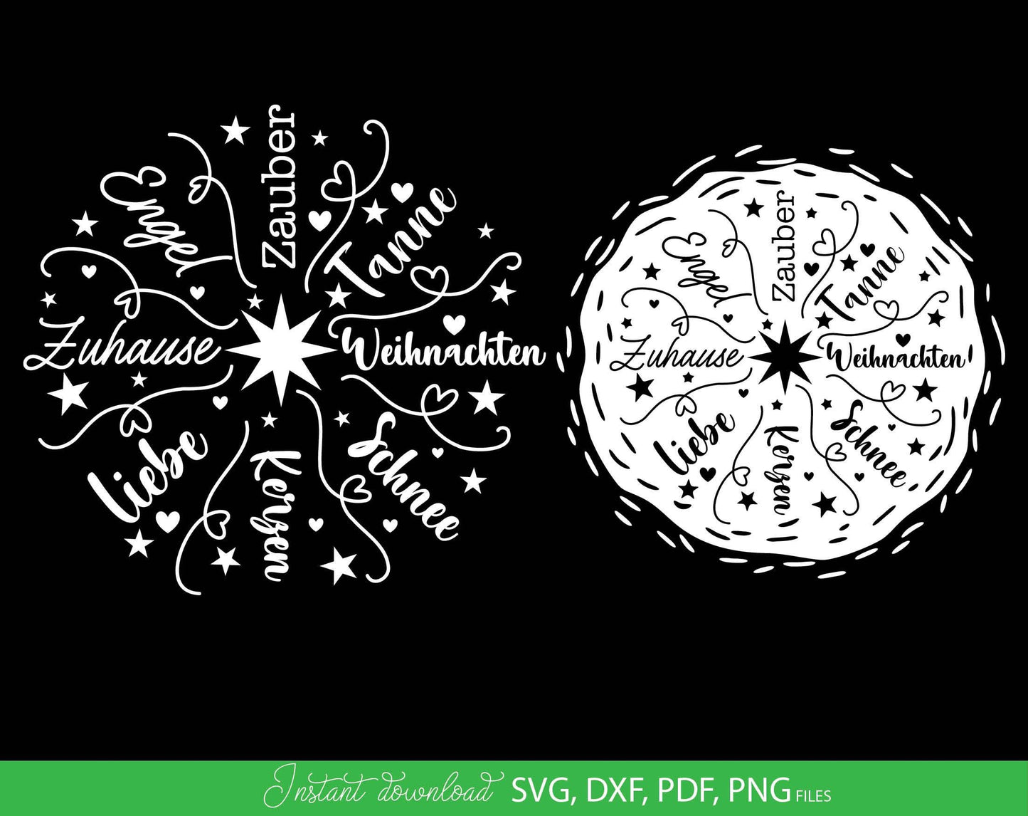 Schneeflocke Plotterdatei Bundle for Your Weihnachtsdeko projects. SVG DXF PDF PNG files included. Compatible with Cricut, Silhouette. Cut form vinyl, use for sublimation, printing as candles tattoo or laser cut projects. Buy now for a good price!