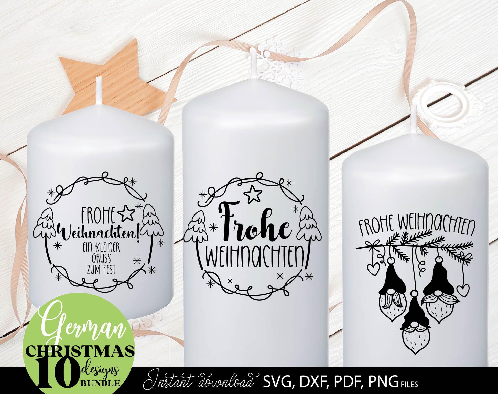 German Christmas gnome bundle 10 designs. SVG DXF PDF PNG files included. Compatible with Cricut, Silhouette or other equipment. Cut from vinyl, use for sublimation or laser cut or grave projects, use as Weihnachten kerzen tattoo as well. Buy now!