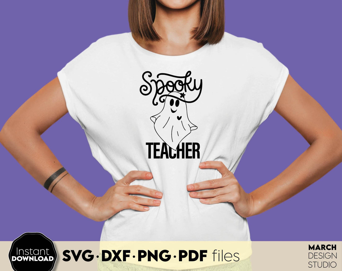 Spooky Teacher shirt design for Your loved ones teacher. SVGDXF PNG PDF files included. Compatible with Cricut, Silhouette or other equipment. Cut from vinyl, use for sublimation or laser cut or grave projects. Buy now for a good price and enjoy!