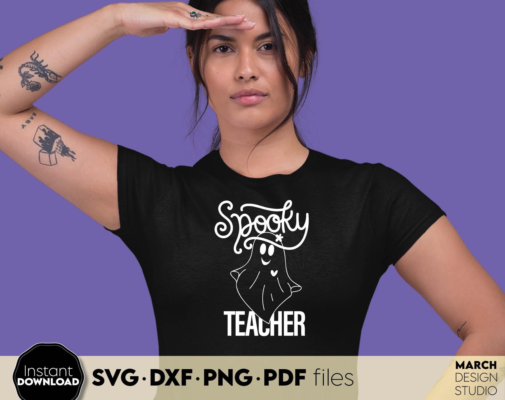 Spooky Teacher shirt design for Your loved ones teacher. SVGDXF PNG PDF files included. Compatible with Cricut, Silhouette or other equipment. Cut from vinyl, use for sublimation or laser cut or grave projects. Buy now for a good price and enjoy!