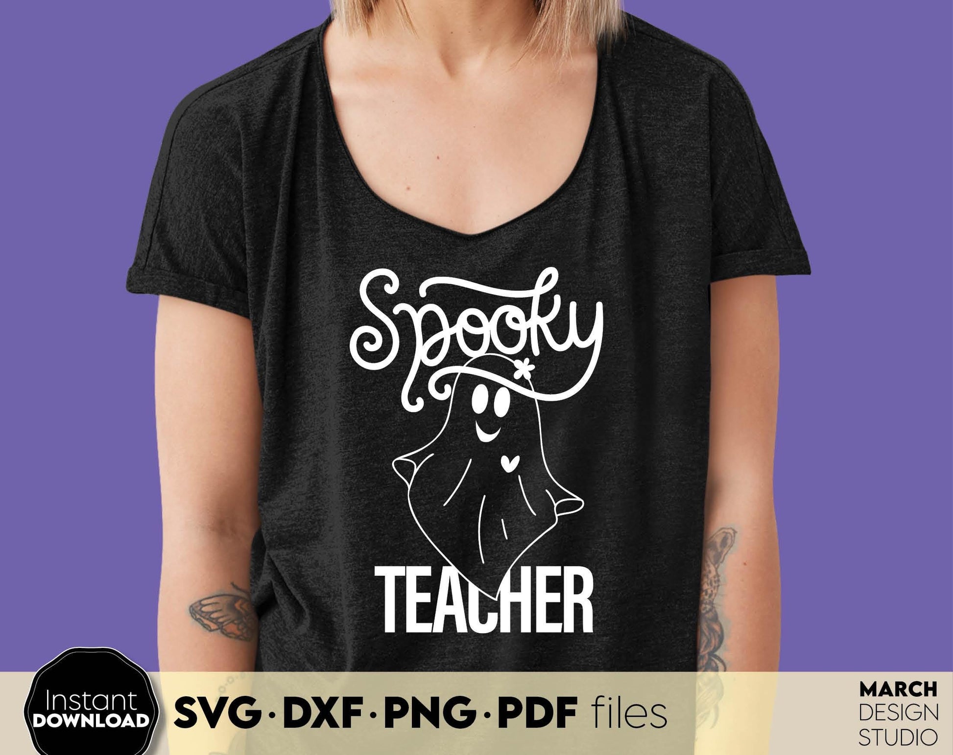 Spooky Teacher shirt design for Your loved ones teacher. SVGDXF PNG PDF files included. Compatible with Cricut, Silhouette or other equipment. Cut from vinyl, use for sublimation or laser cut or grave projects. Buy now for a good price and enjoy!