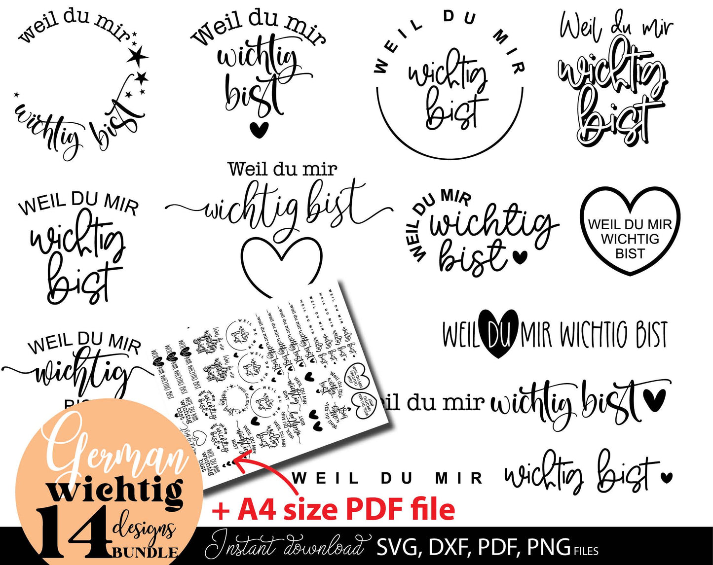 Weil Du Mir Wichtig Bist German quotes for Your gift projects. SVG DXF PDF PNG files included. Compatible with Cricut, Silhouette, printers etc. Use for kerzen stickers, sublimation, vinyl catting or laser cut projects. Buy now for a good price!