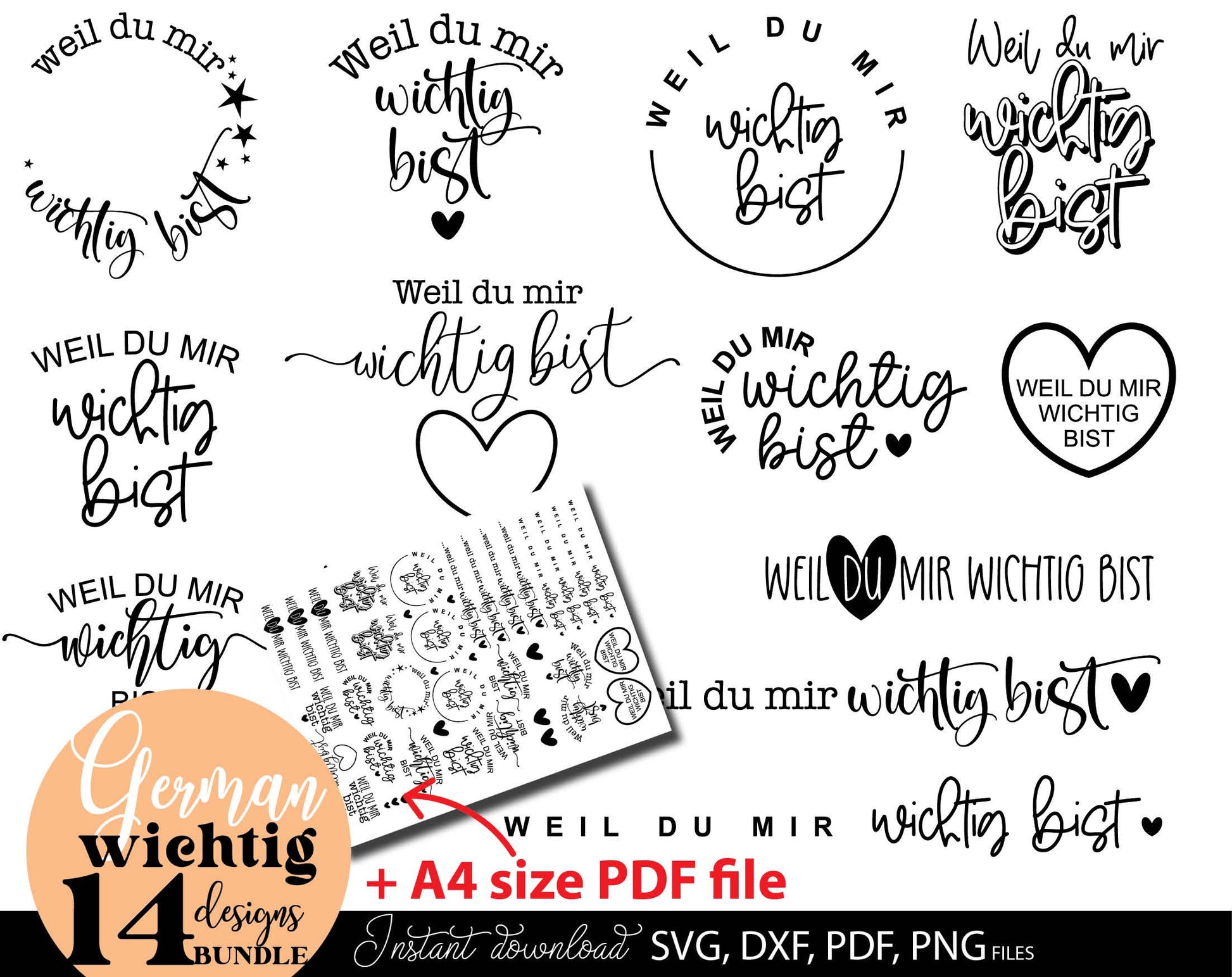 Weil Du Mir Wichtig Bist German quotes for Your gift projects. SVG DXF PDF PNG files included. Compatible with Cricut, Silhouette, printers etc. Use for kerzen stickers, sublimation, vinyl catting or laser cut projects. Buy now for a good price!