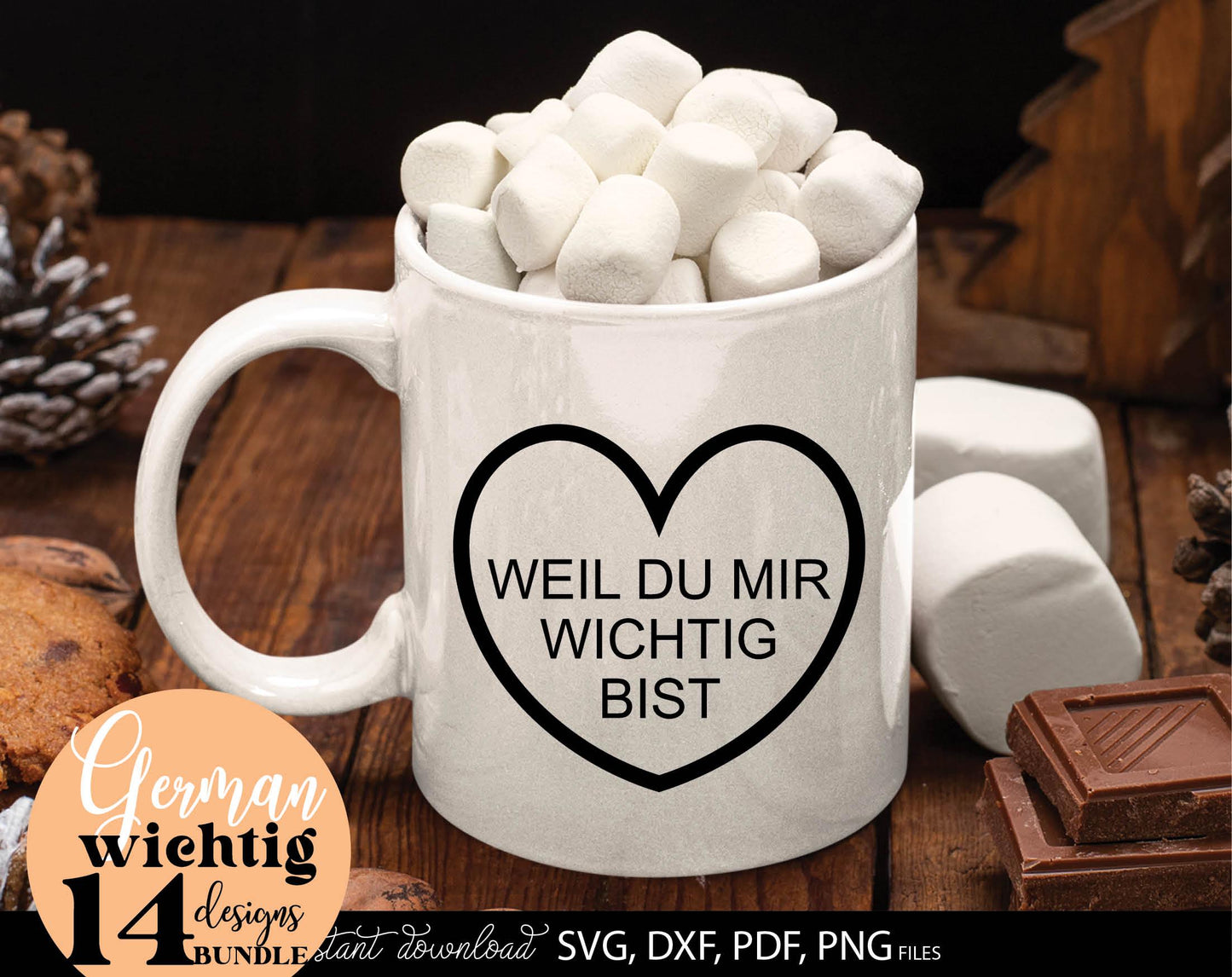 Weil Du Mir Wichtig Bist German quotes for Your gift projects. SVG DXF PDF PNG files included. Compatible with Cricut, Silhouette, printers etc. Use for kerzen stickers, sublimation, vinyl catting or laser cut projects. Buy now for a good price!