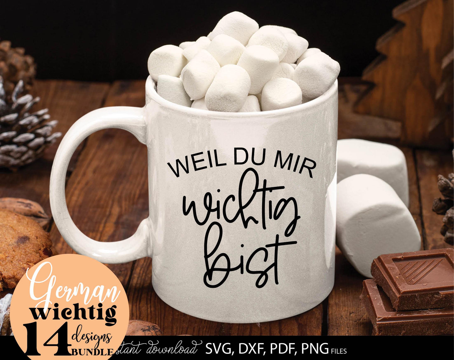 Weil Du Mir Wichtig Bist German quotes for Your gift projects. SVG DXF PDF PNG files included. Compatible with Cricut, Silhouette, printers etc. Use for kerzen stickers, sublimation, vinyl catting or laser cut projects. Buy now for a good price!