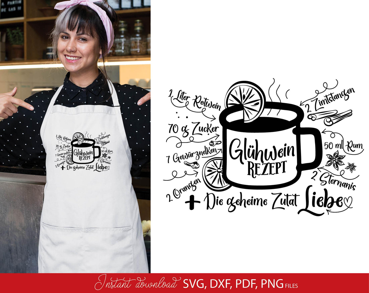 Funny Glühwein Rezept on to Weihnachten mug German Plotter file. SVG DXF PDF PNG files included. Compatible with Cricut, Silhouette Studio or other. Cut from vinyl, use for sublimation, laser cut or grave projects. Buy now fora a good price and enjoy