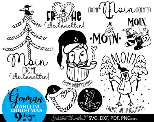 German Maritim Christmas designs bundle. SVG DXF PDF PNG files included. Compatible with Cricut, Silhouette or other equipment. Cut from vinyl, use for sublimation or laser cut or grave projects. Buy now for a good price and enjoy!