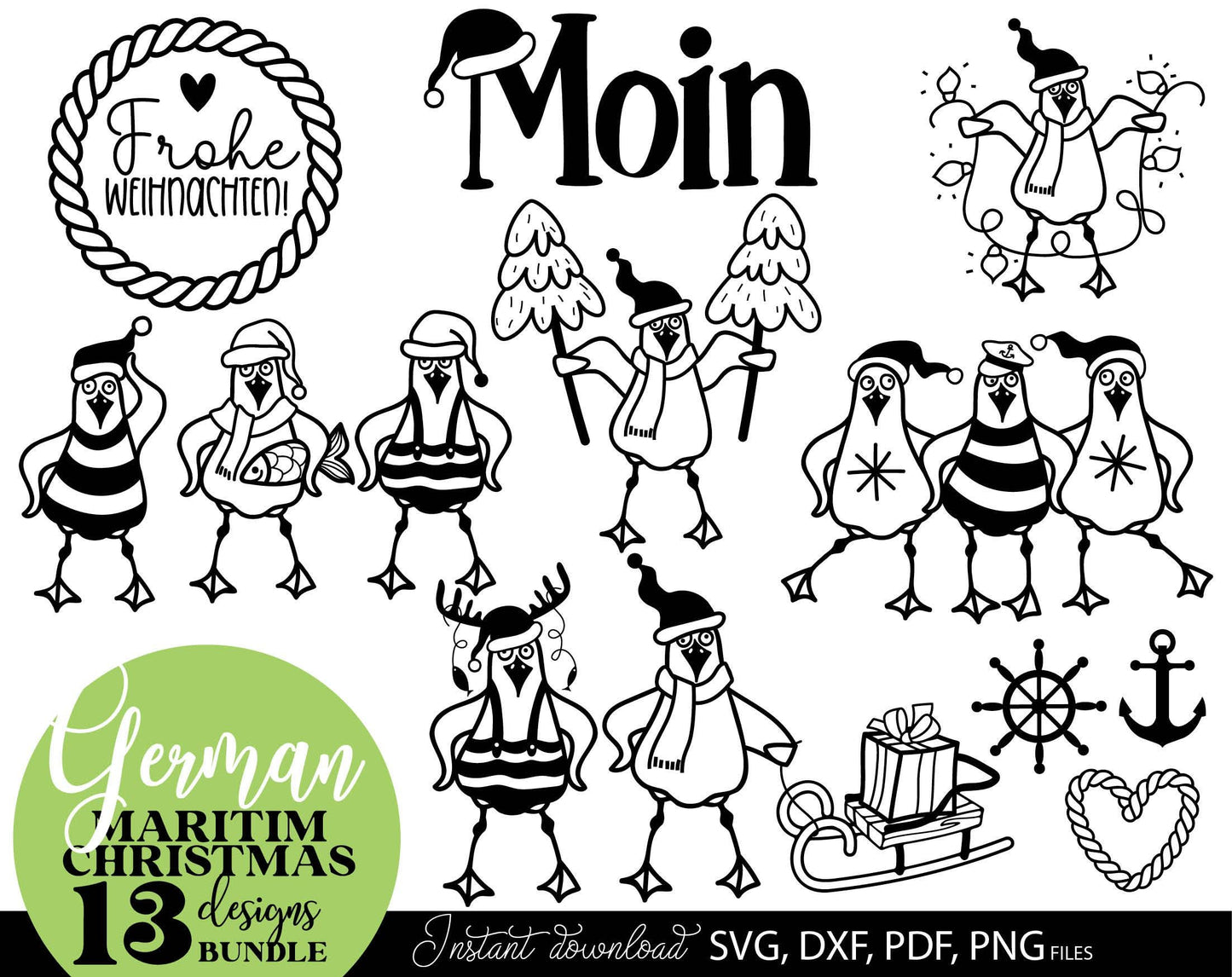 German Maritim Christmas 13 designs bundle. SVG DXF PDF PNG files included. Compatible with Cricut, Silhouette or other equipment. Cut from vinyl, use for sublimation or laser cut or grave projects. Buy now for a good price and enjoy!