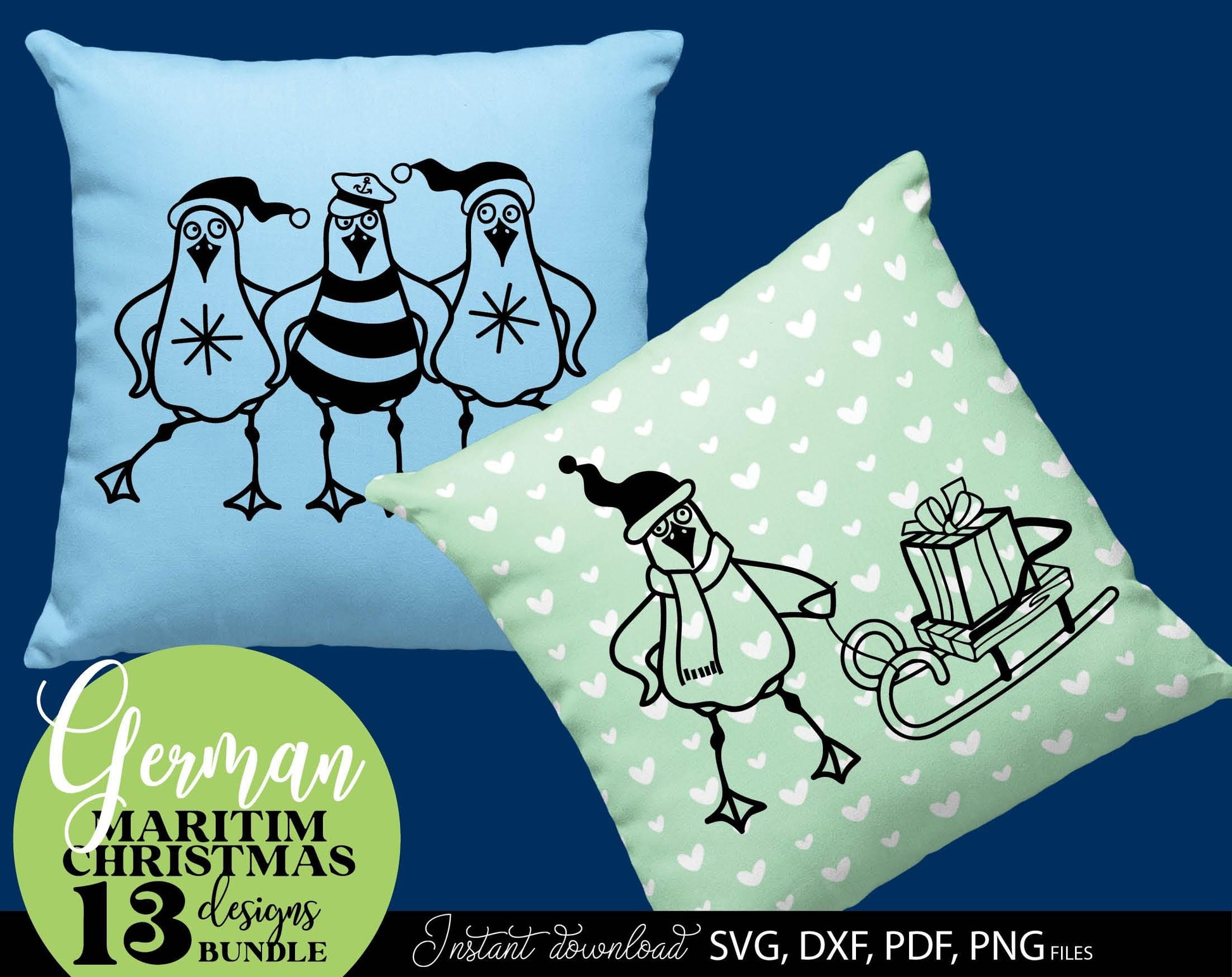 German Maritim Christmas 13 designs bundle. SVG DXF PDF PNG files included. Compatible with Cricut, Silhouette or other equipment. Cut from vinyl, use for sublimation or laser cut or grave projects. Buy now for a good price and enjoy!