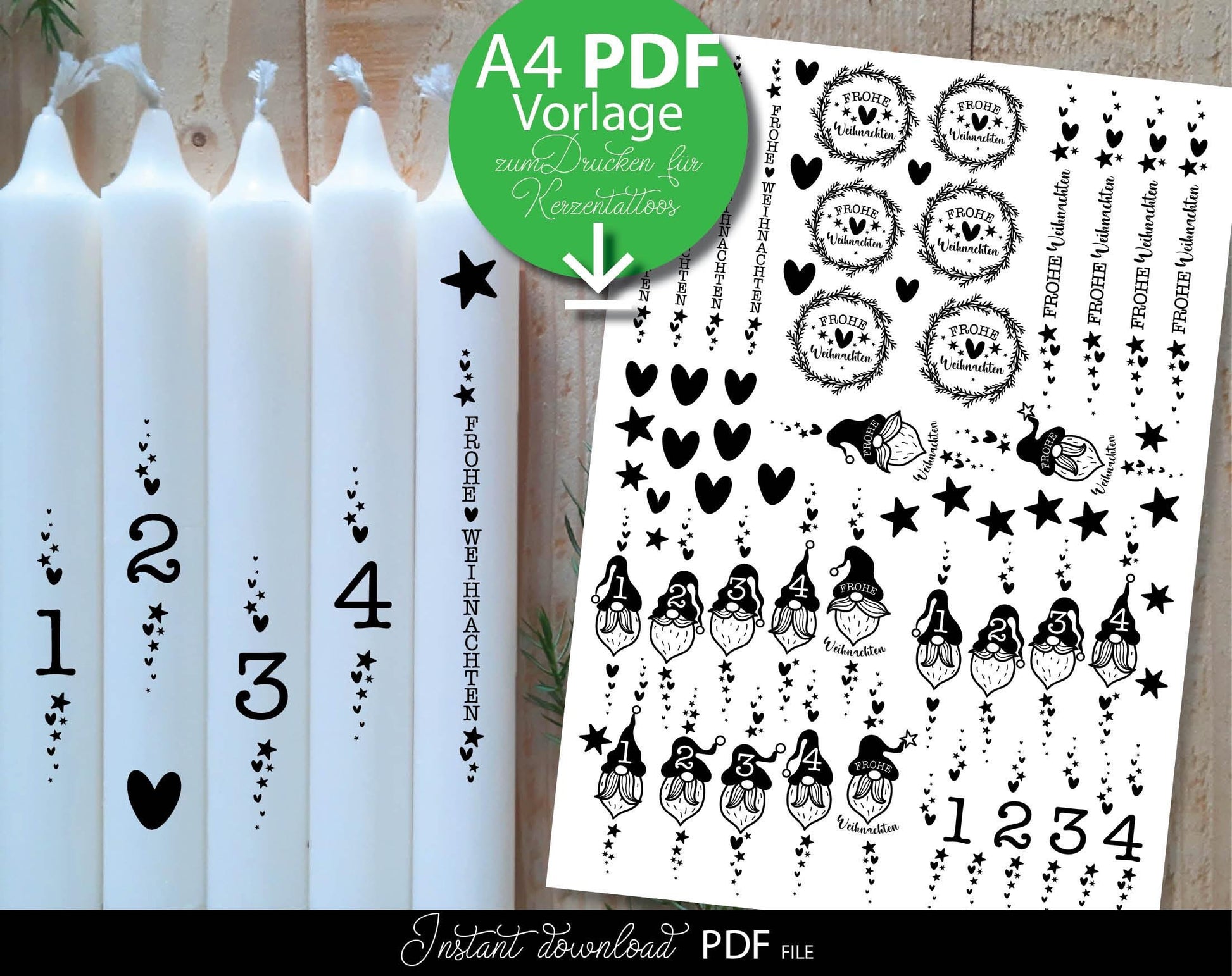 Plotterdatei Wichtel and Adventkalender Bundle for Weihnachten Kerzen tattoo stickers. PDF files included. Compatible with printers etc. Use for Christmas Advent kalender kerzen stickers making projects.