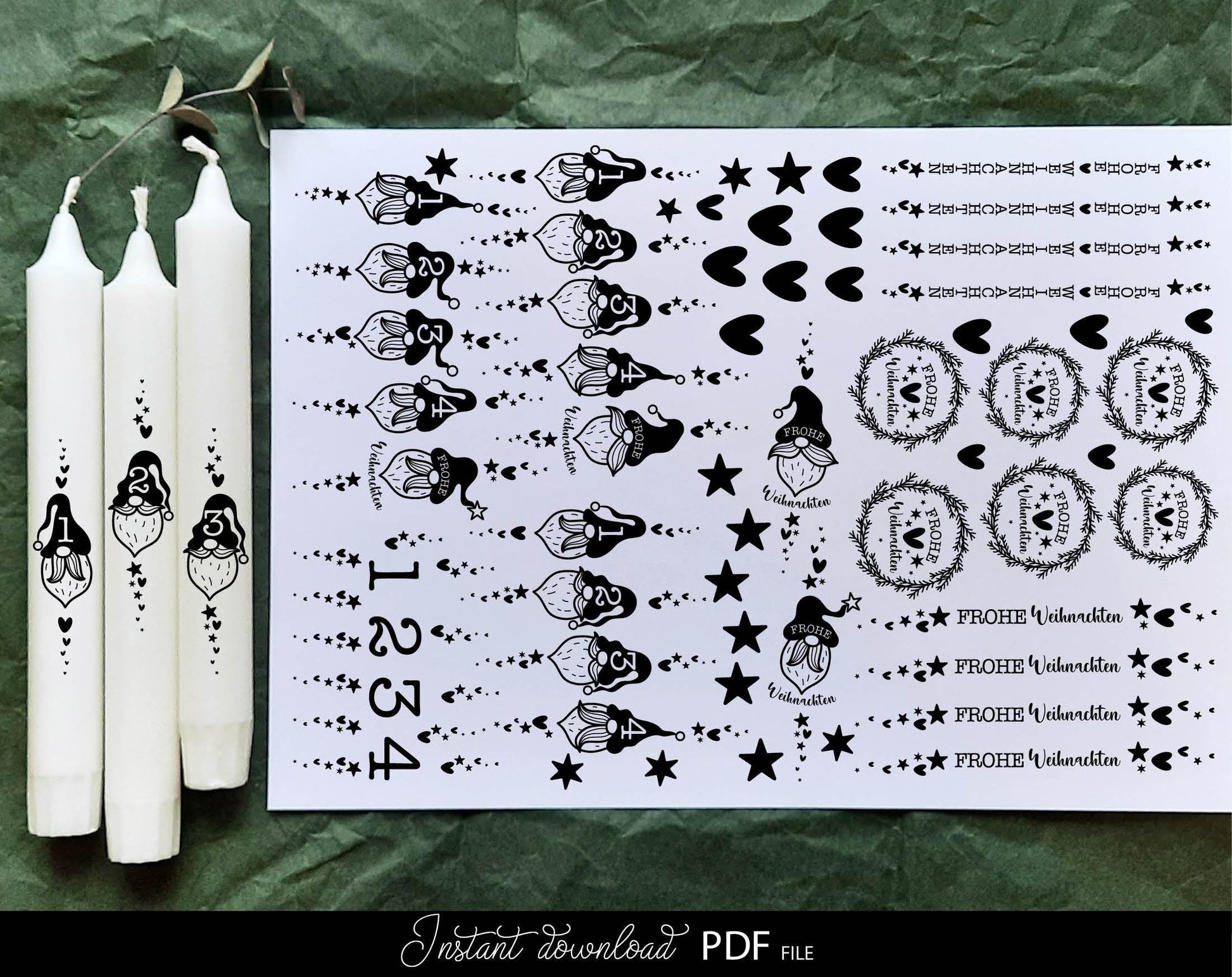 Plotterdatei Wichtel and Adventkalender Bundle for Weihnachten Kerzen tattoo stickers. PDF files included. Compatible with printers etc. Use for Christmas Advent kalender kerzen stickers making projects.