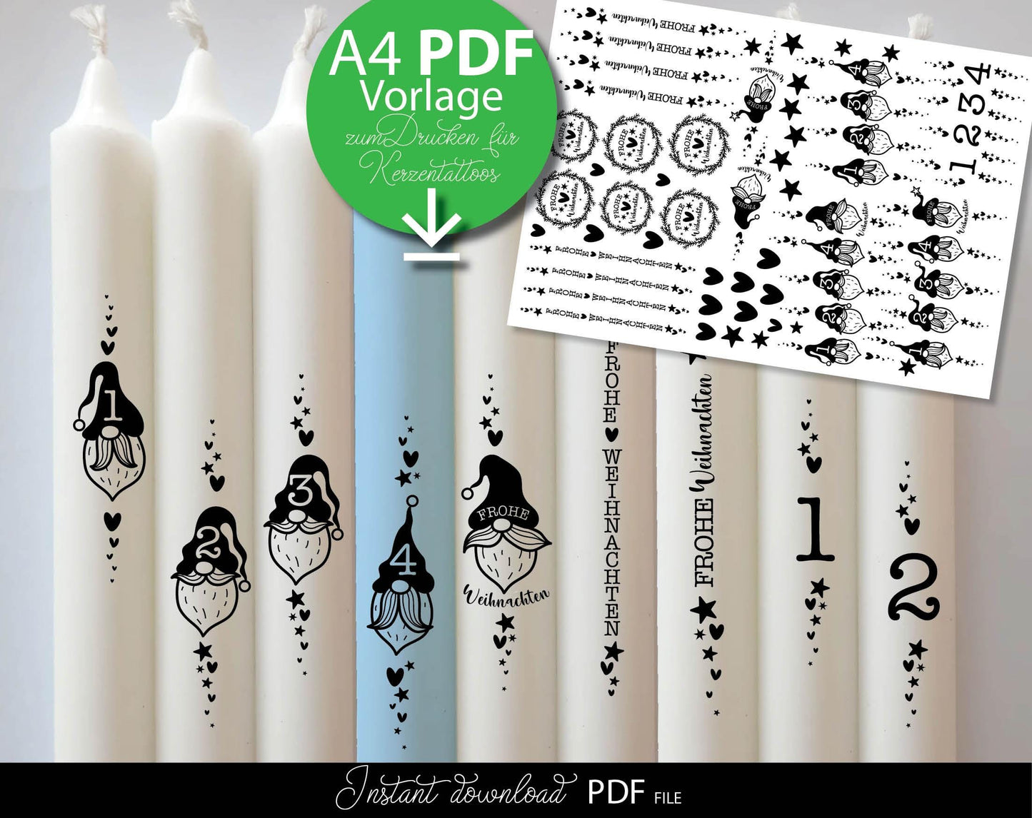 Plotterdatei Wichtel and Adventkalender Bundle for Weihnachten Kerzen tattoo stickers. PDF files included. Compatible with printers etc. Use for Christmas Advent kalender kerzen stickers making projects.