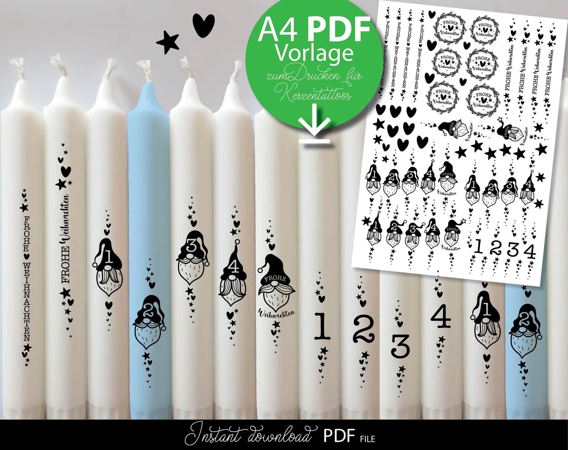 Plotterdatei Wichtel and Adventkalender Bundle for Weihnachten Kerzen tattoo stickers. PDF files included. Compatible with printers etc. Use for Christmas Advent kalender kerzen stickers making projects.