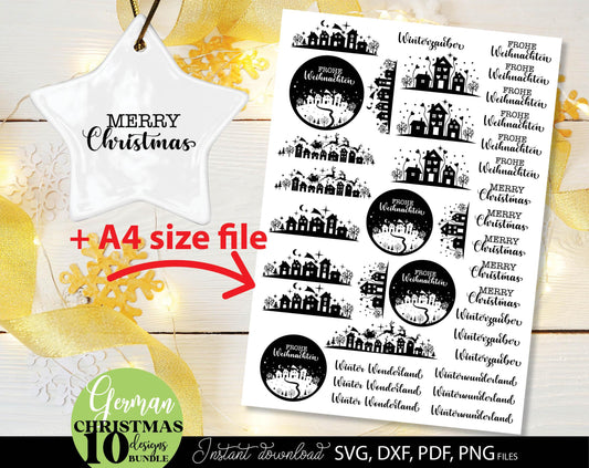 Weihnachten Häuser svg Plotterdatei Bundle for Your Christmas deko. SVG DXF PDF PNG files included. Compatible with Cricut, Silhouette, printers etc. Cut from vinyl, use for sublimation, laser cut or kerzen stickers making projects.